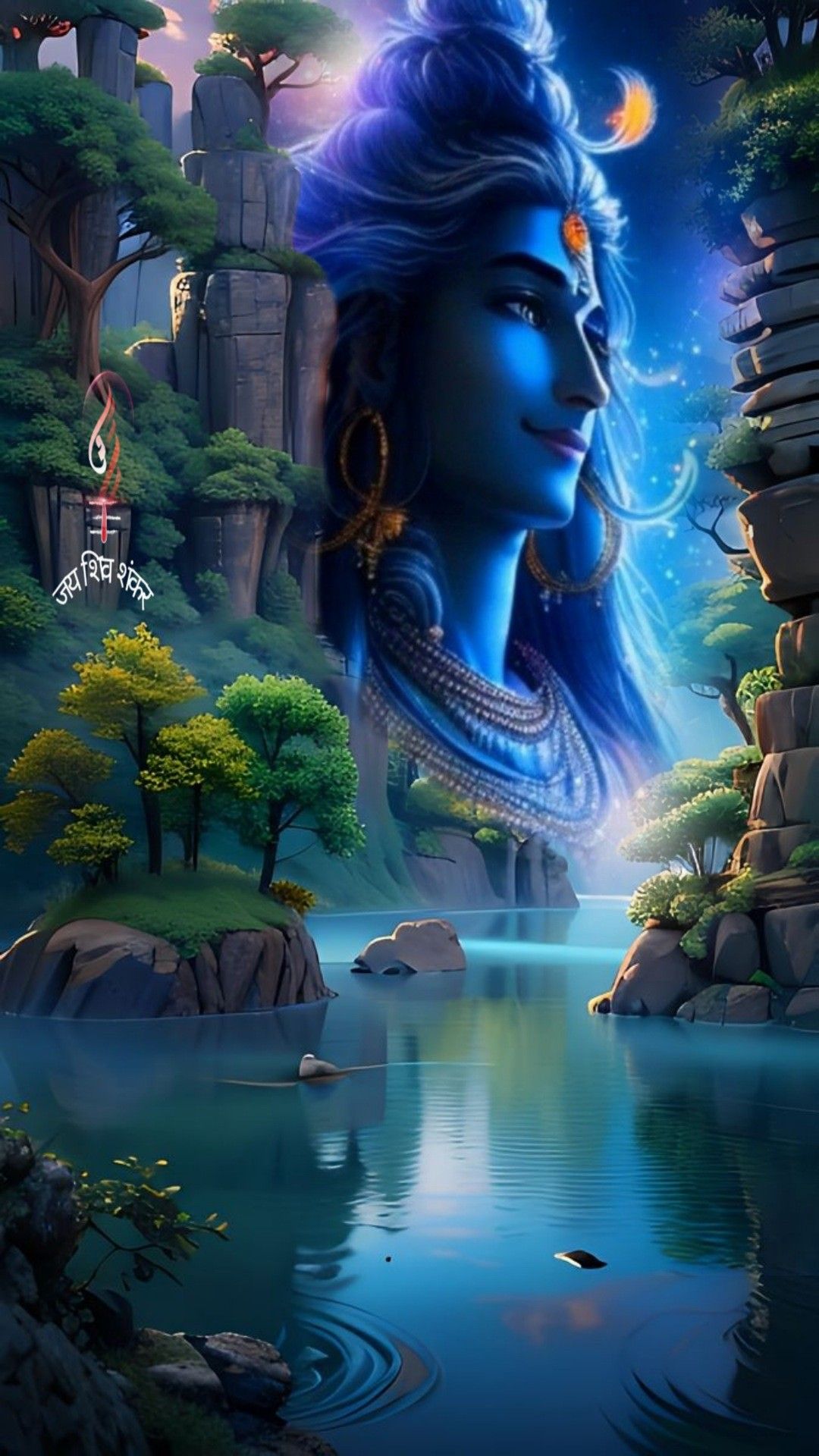 Lord Shiva amidst a tranquil landscape