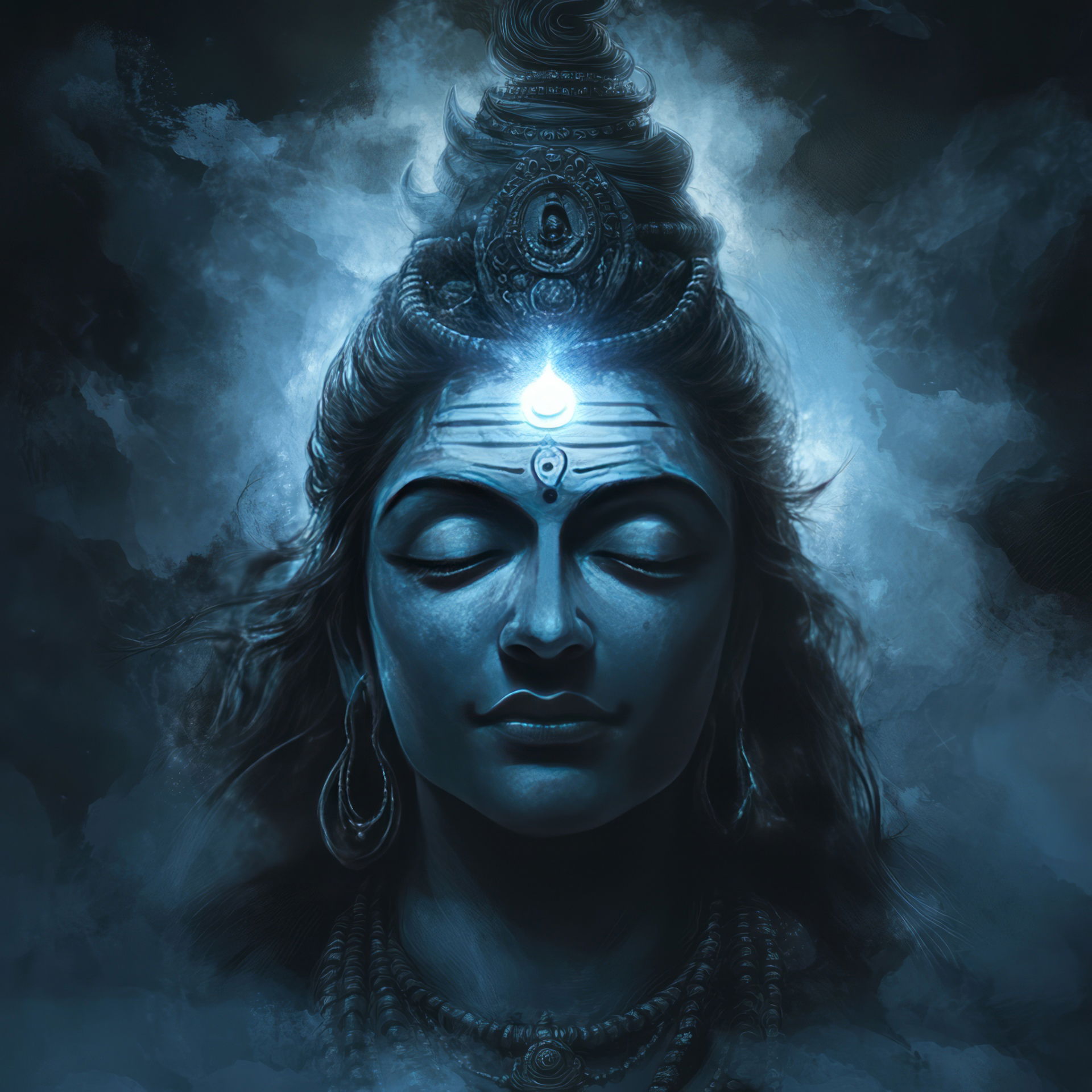 Meditating Shiva portrait in blue tones