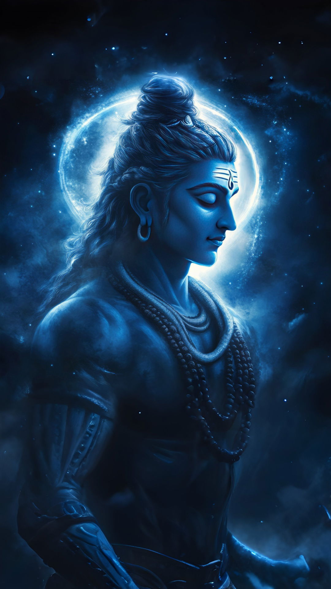 Meditating Shiva with crescent moon backdrop