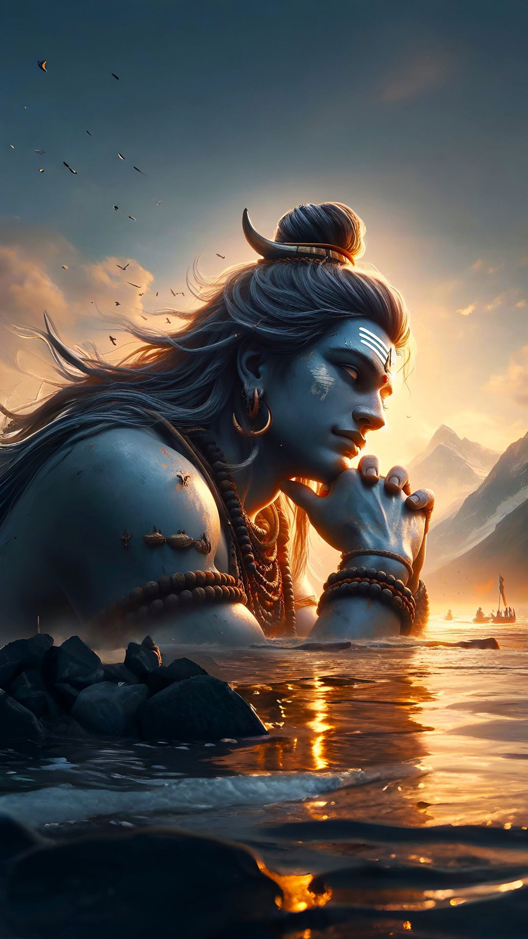 Shiva meditating at sunset mountain view