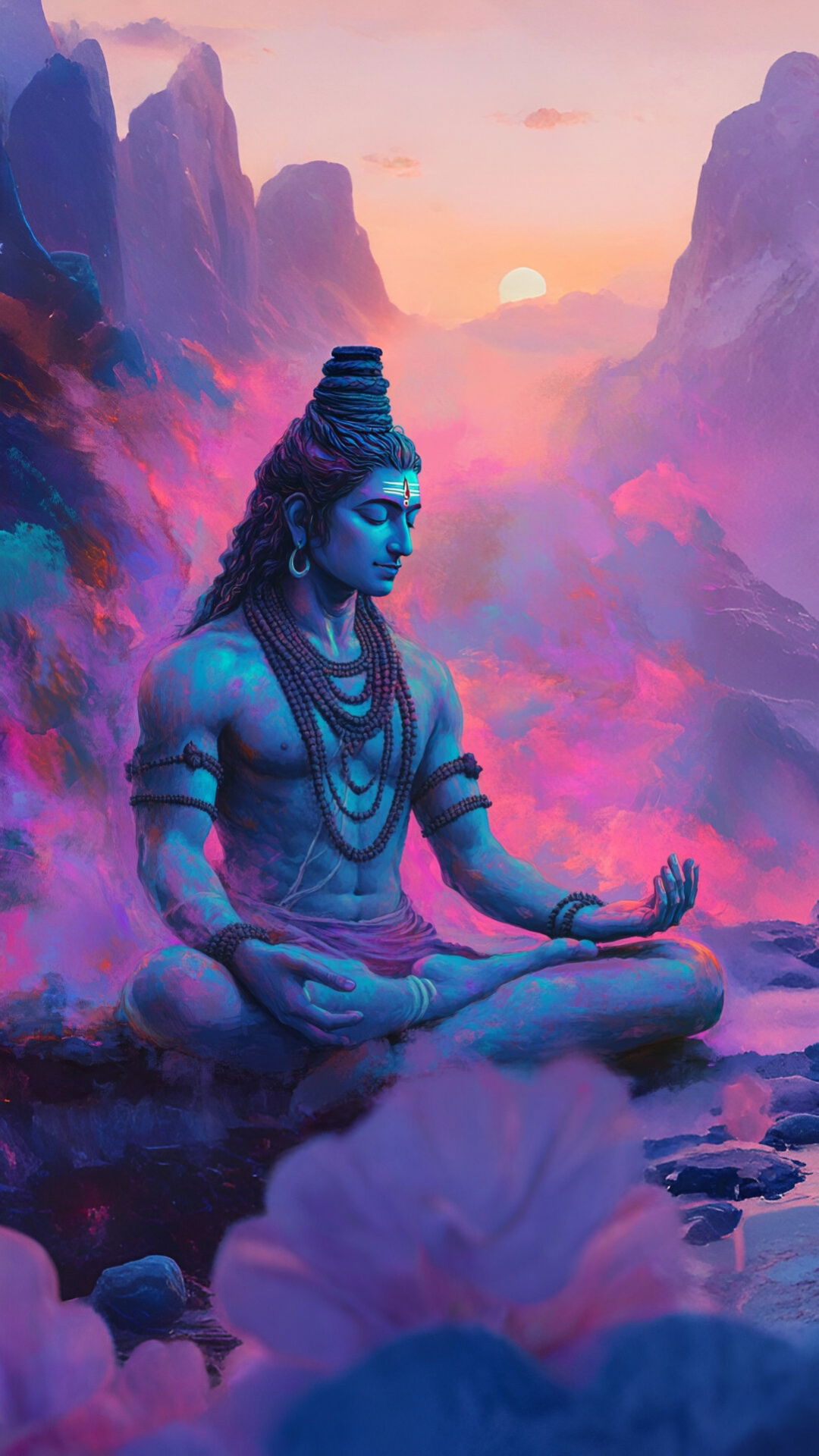 Meditating shiva amidst mountains and lotus