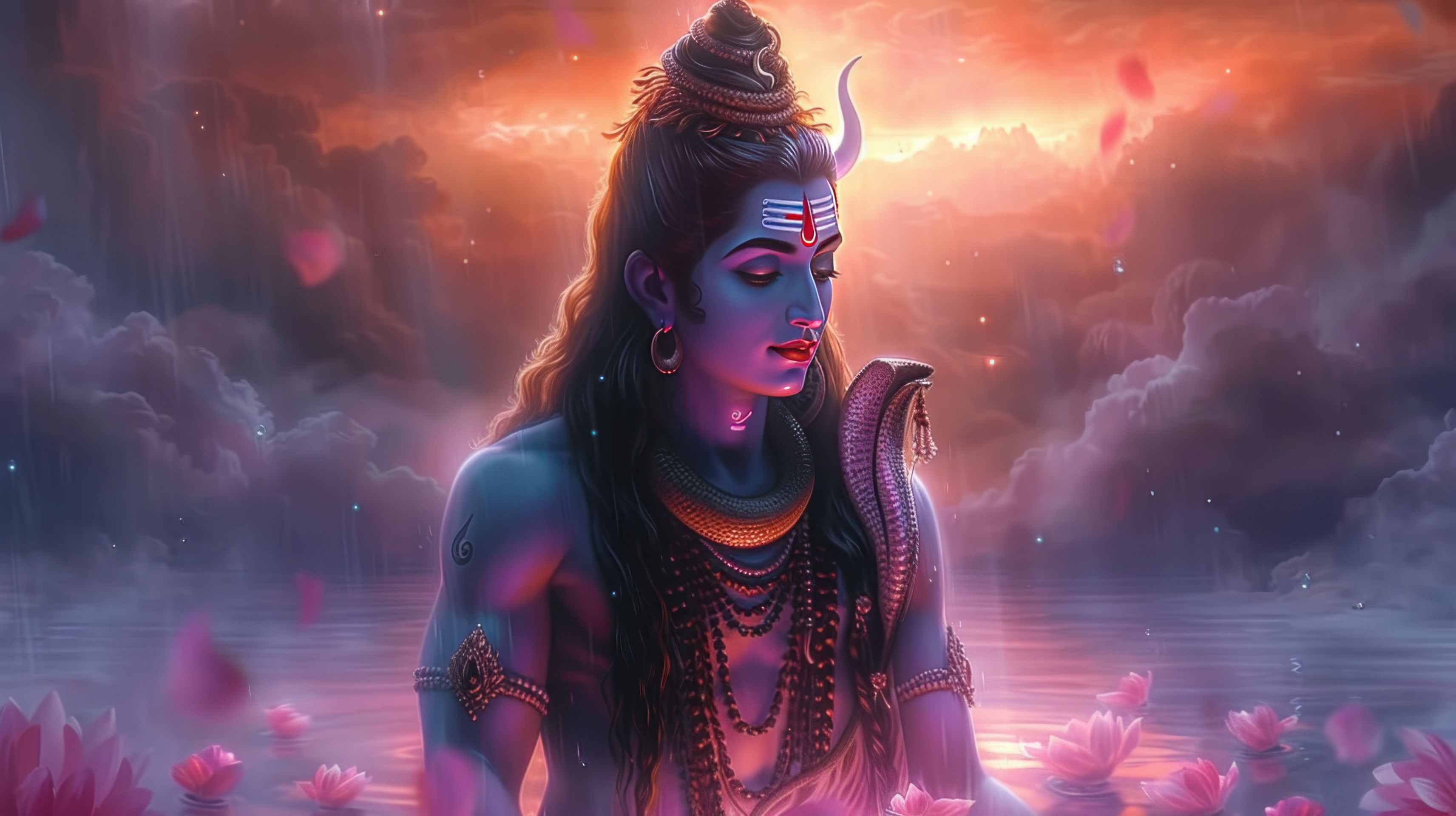 Lord Shiva meditating amidst lotus blossoms