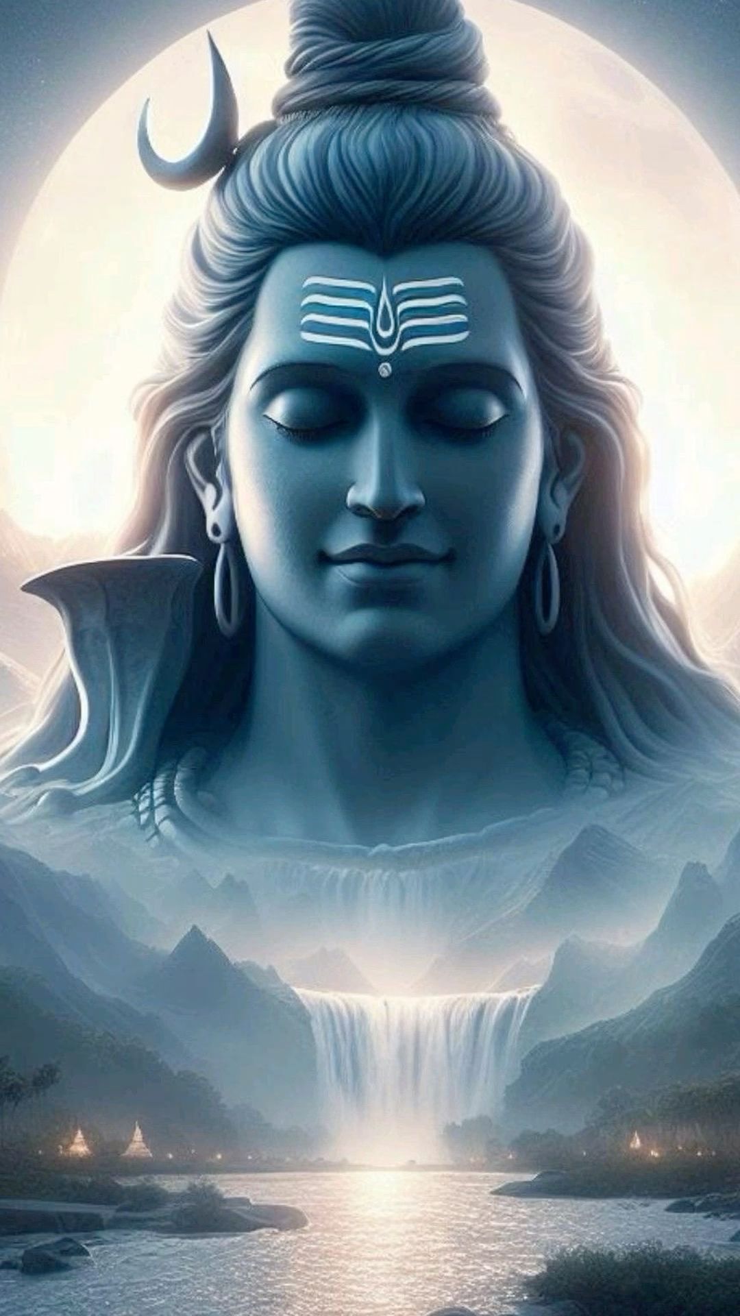 Lord Shiva meditating near waterfall