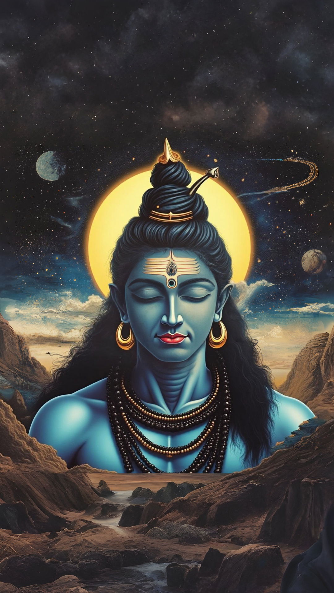 Meditating shiva amidst cosmic backdrop