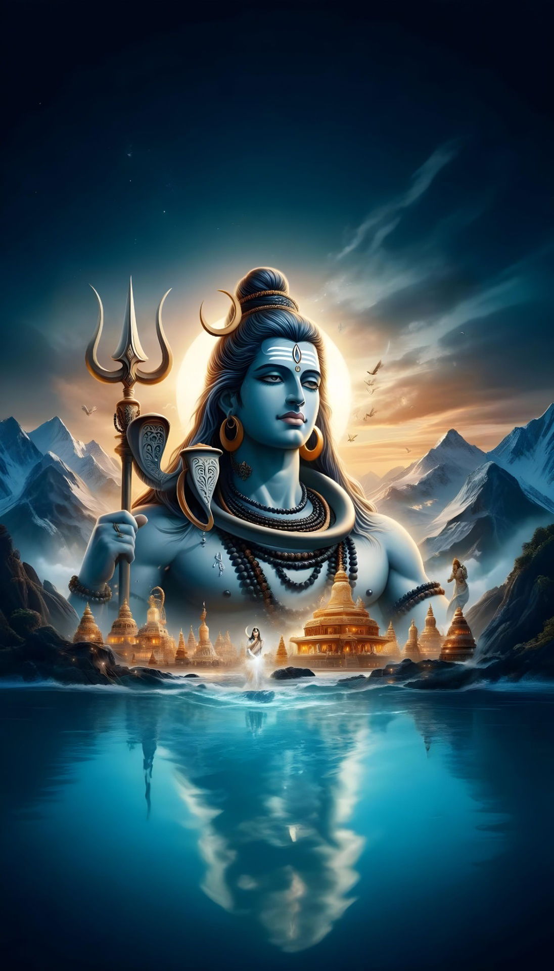 Blue-skinned Shiva with Trishul at sunset