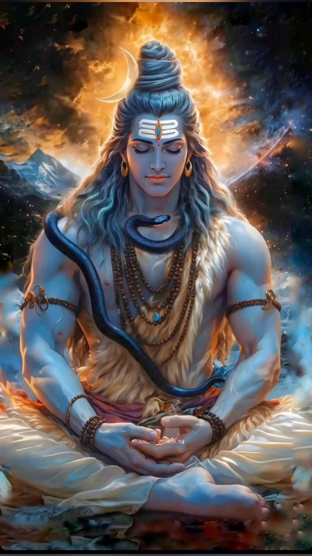 Meditating Shiva with serpent and cosmic backdrop