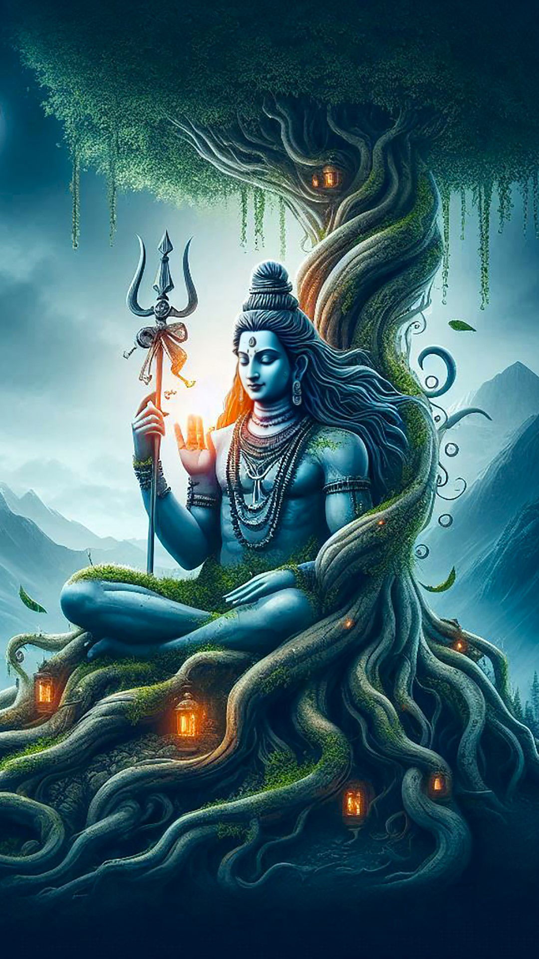 Meditating Shiva among ancient tree roots.