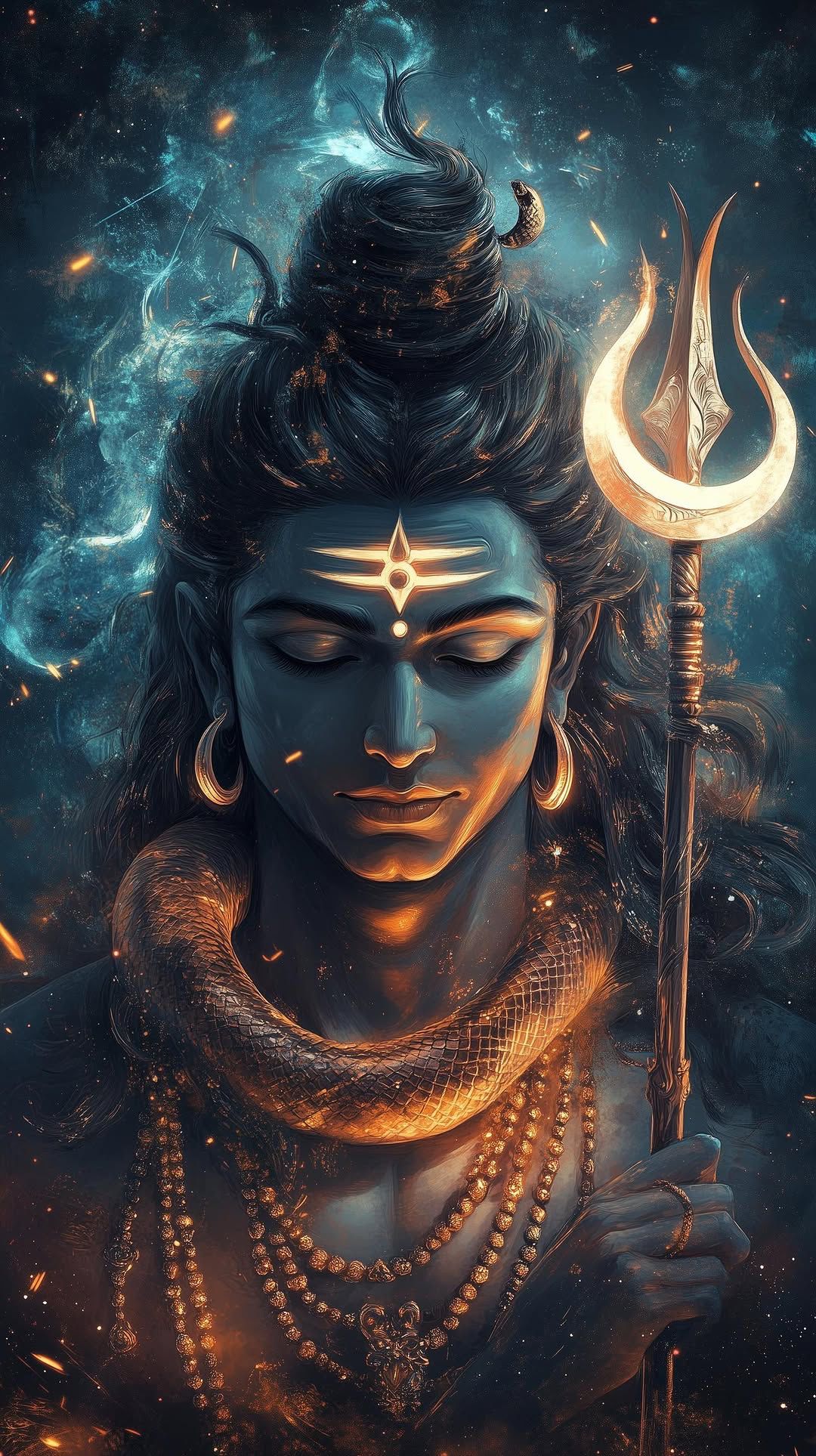 Lord Shiva with trident and cosmic background
