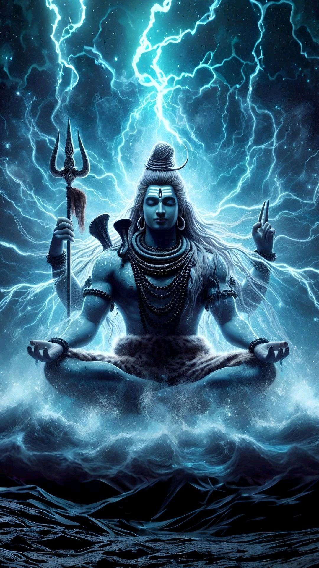 Meditating Shiva amidst cosmic energy.