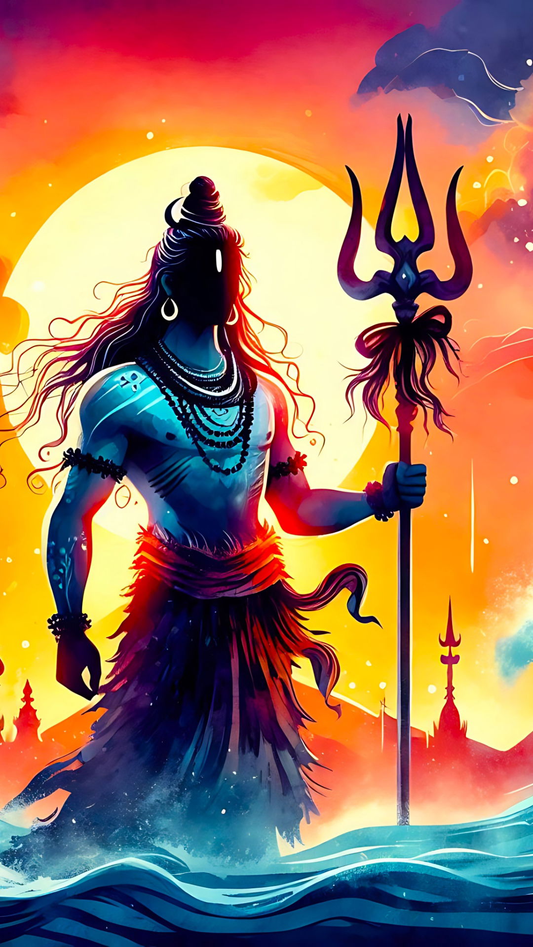 Lord Shiva with Trishul against sunset