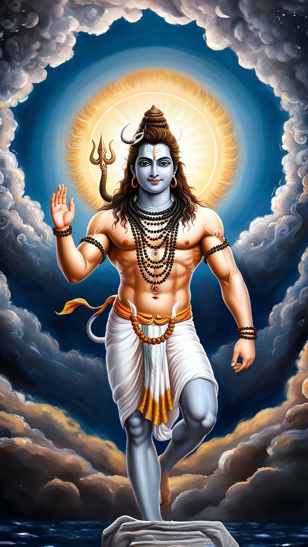 Blue-skinned Shiva surrounded by celestial clouds