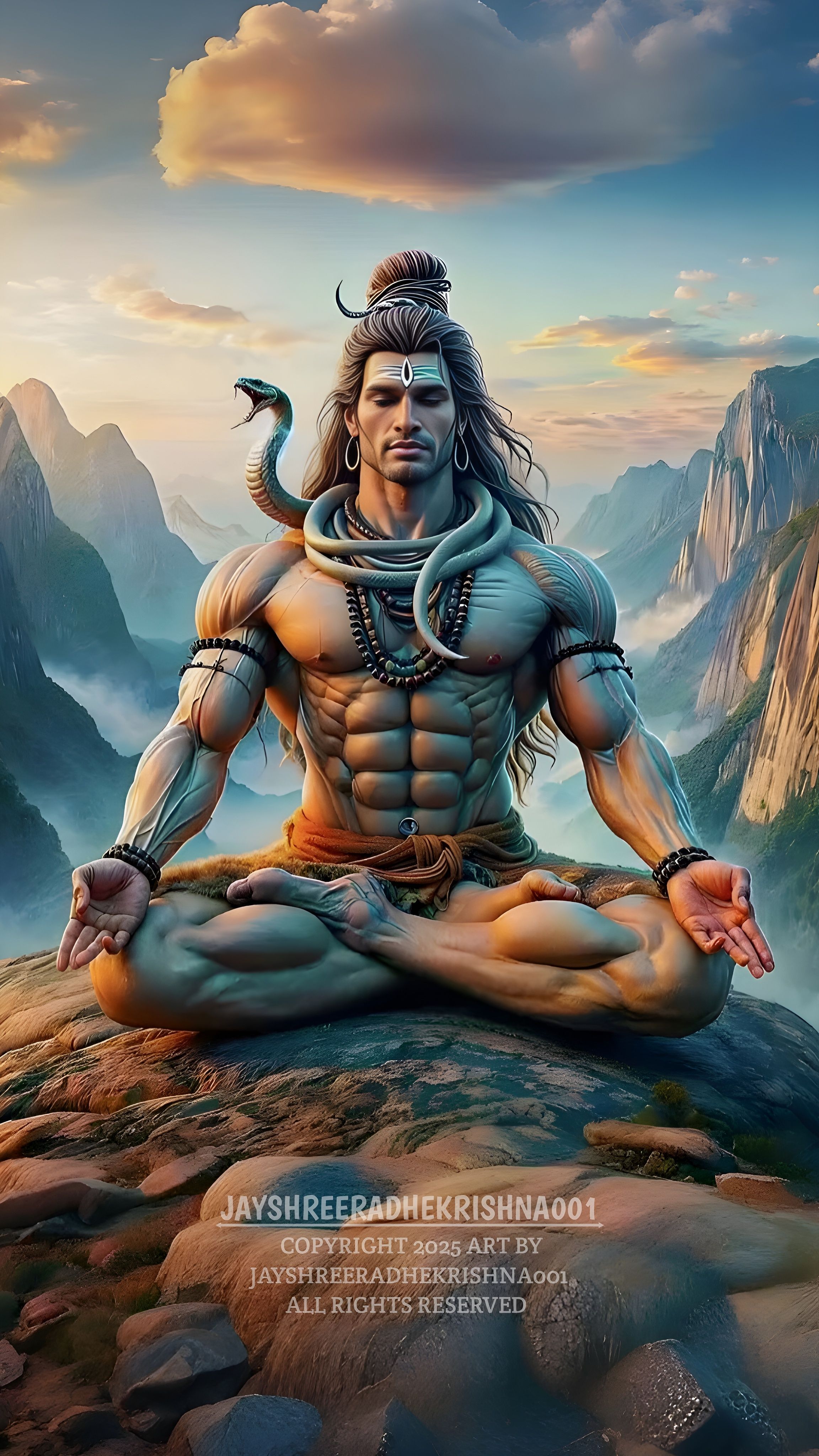 Meditating Shiva amidst mountain scenery