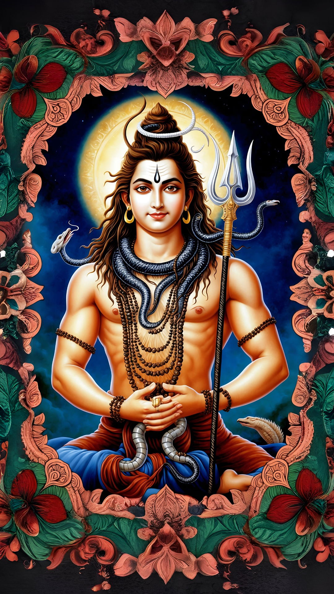 Lord Shiva meditating with trident and snake.