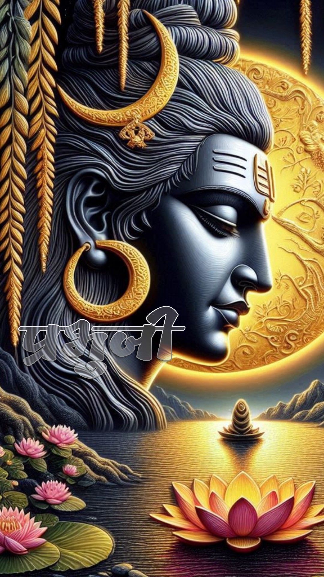Divine Shiva portrait with lotus flowers