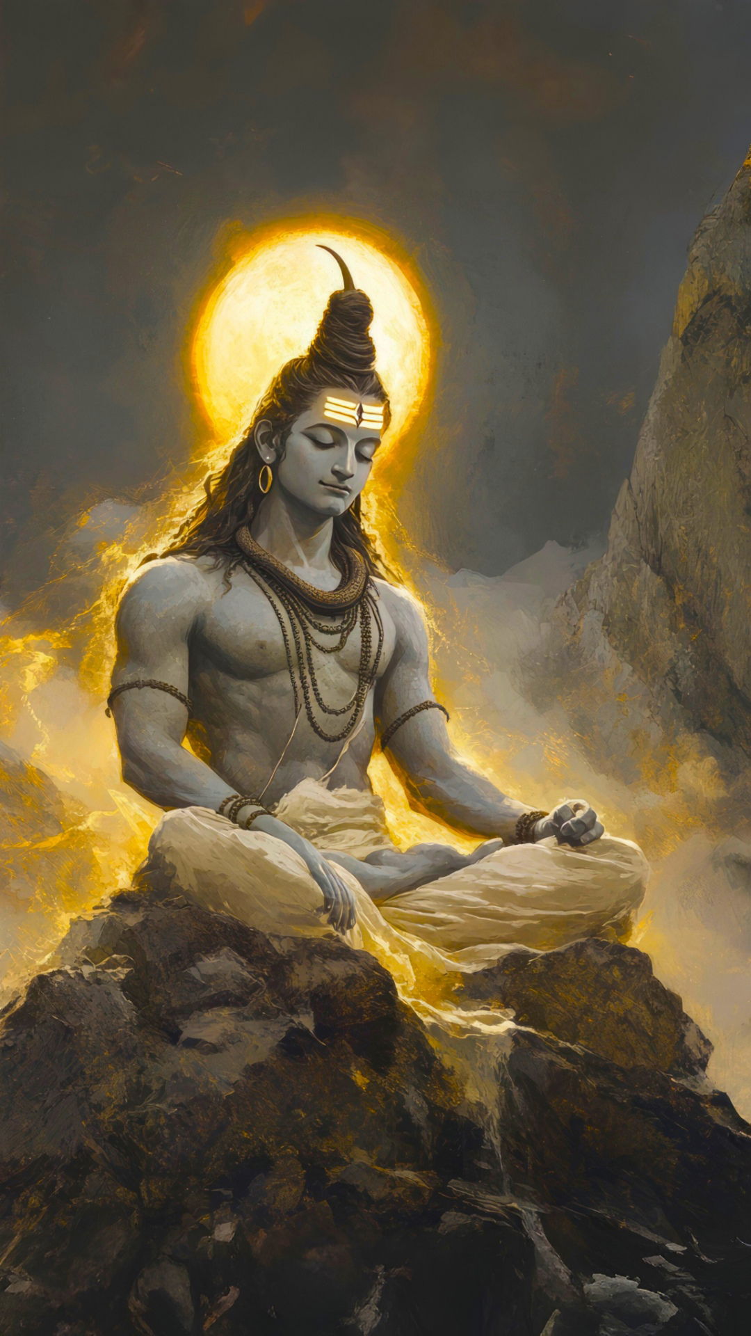 Meditating Shiva amidst golden mountains
