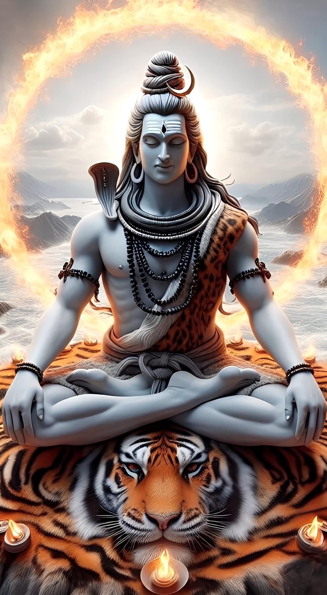 Meditating Shiva with tiger backdrop