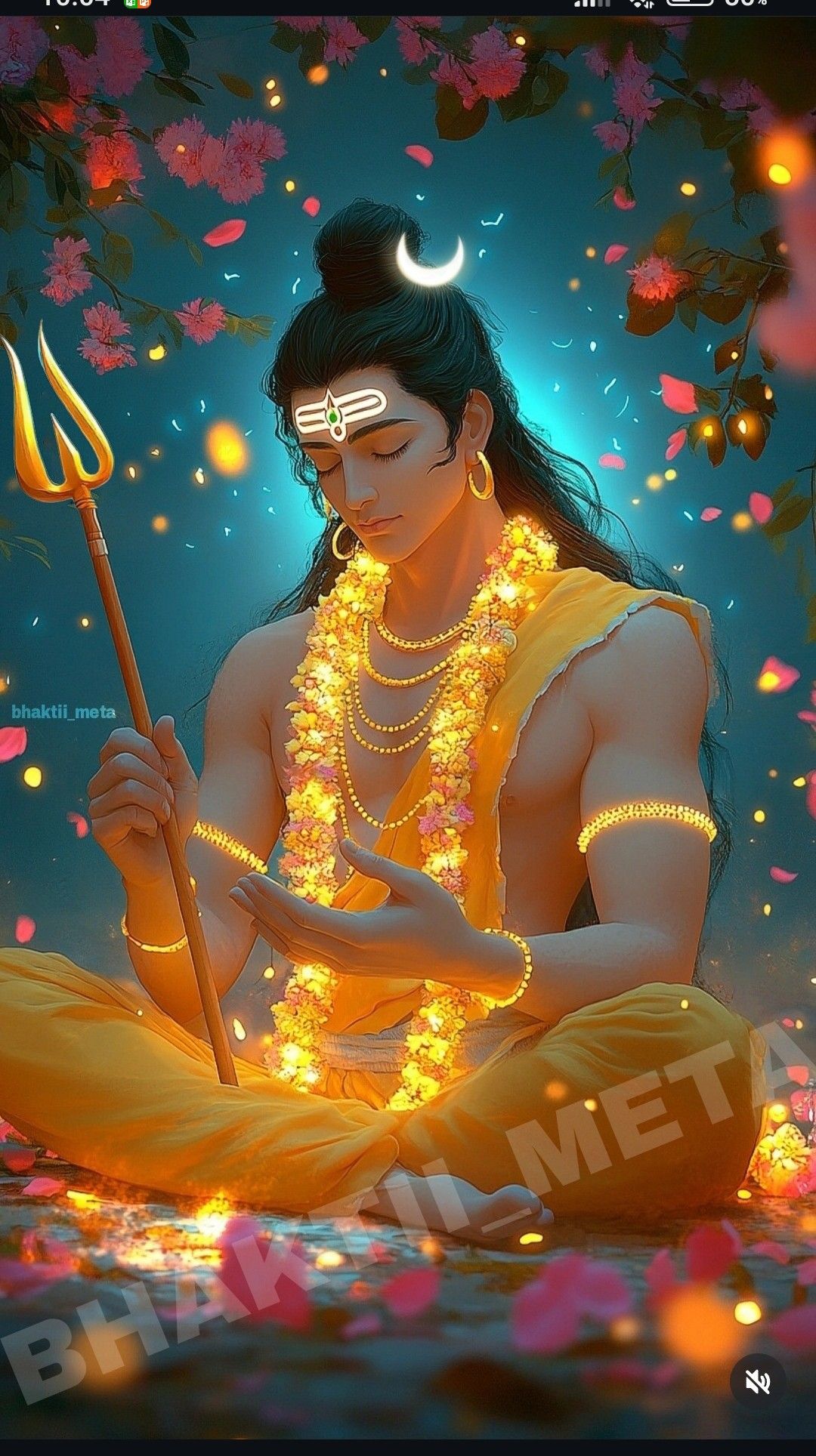 Meditating Shiva with trident and flowers.