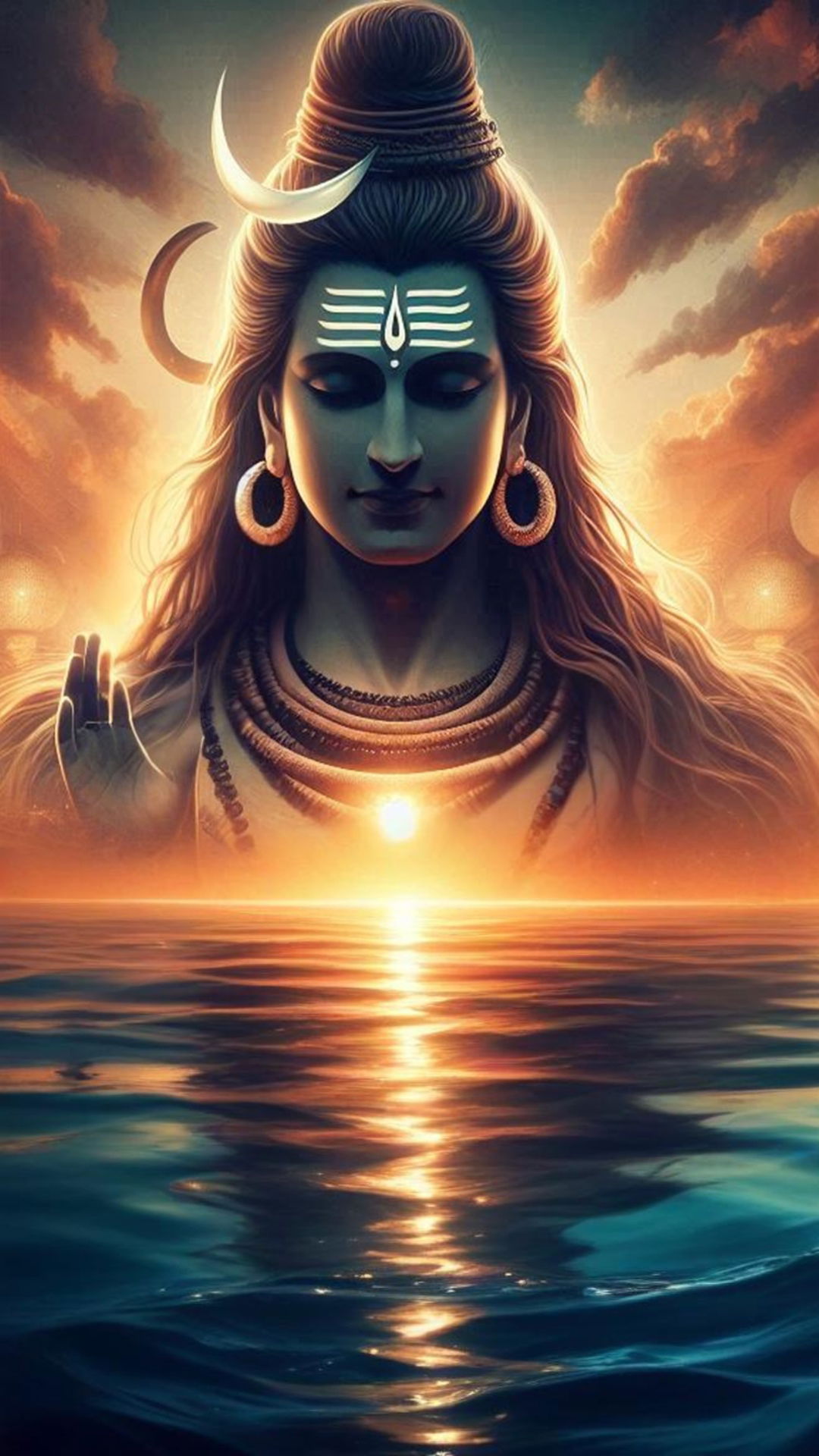 Lord Shiva meditating over the ocean