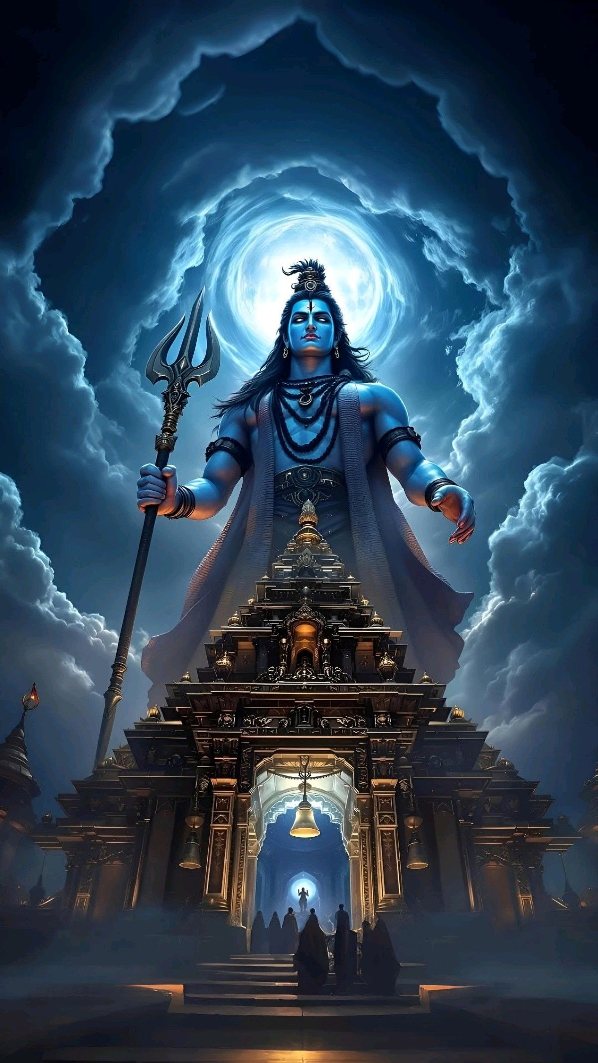 Blue-skinned Shiva stands before temple.