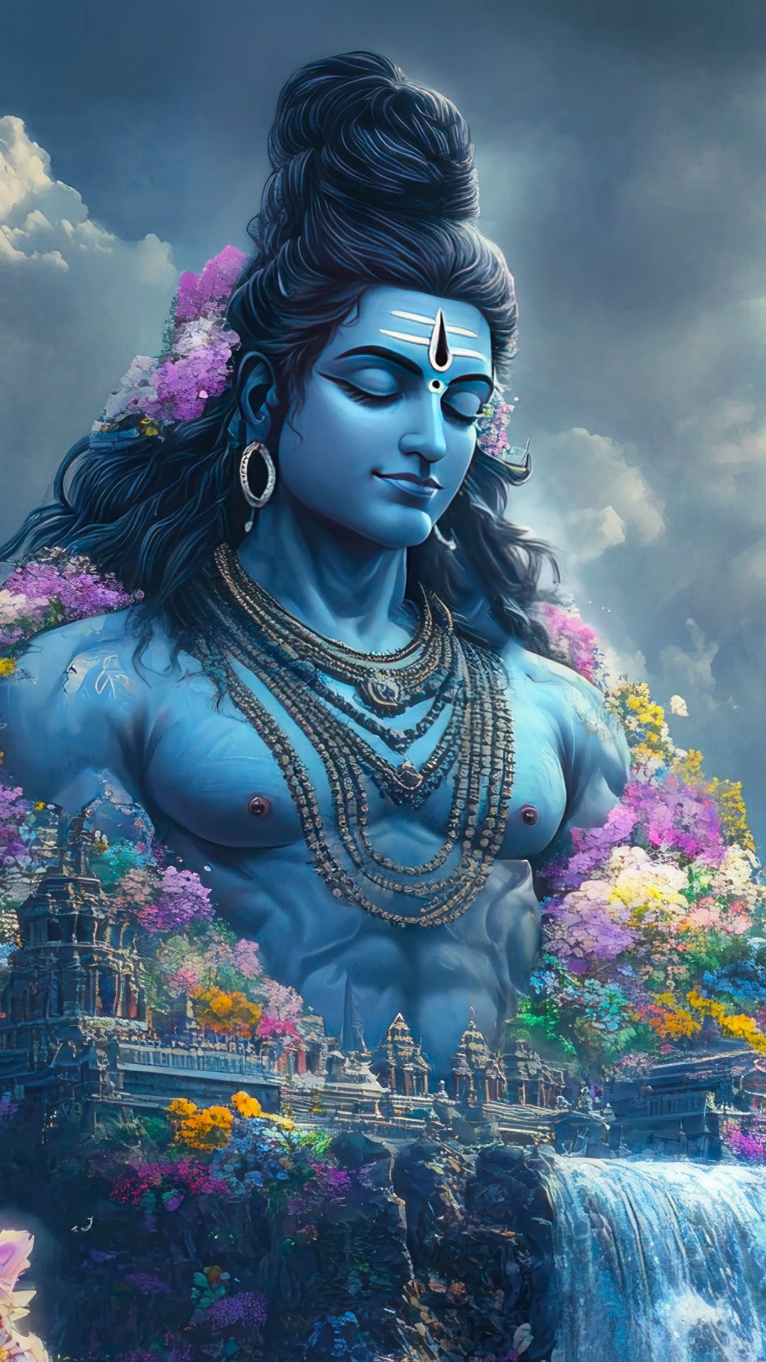 Blue-skinned Shiva with flower backdrop