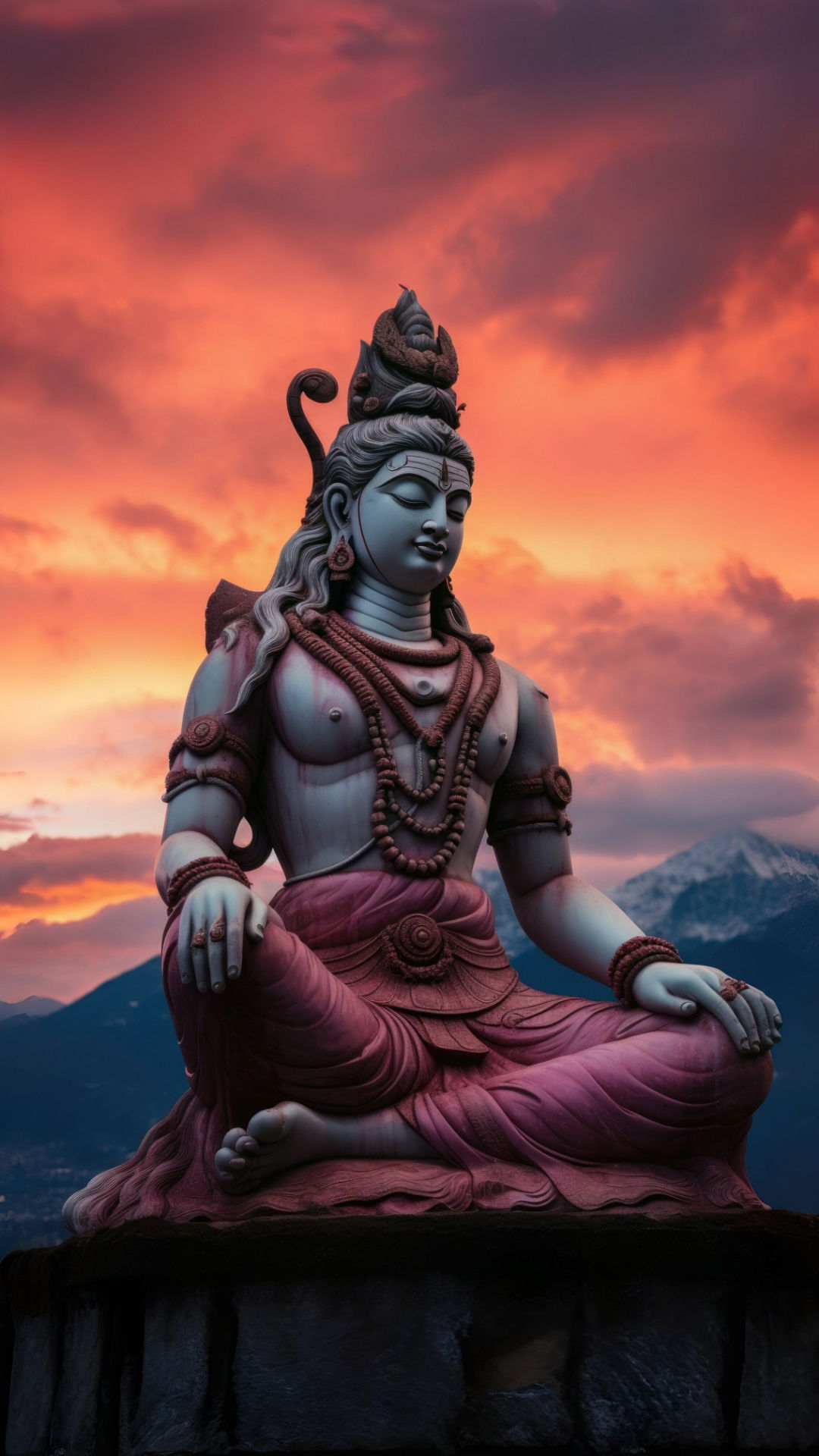 Meditating Shiva against a sunset background.
