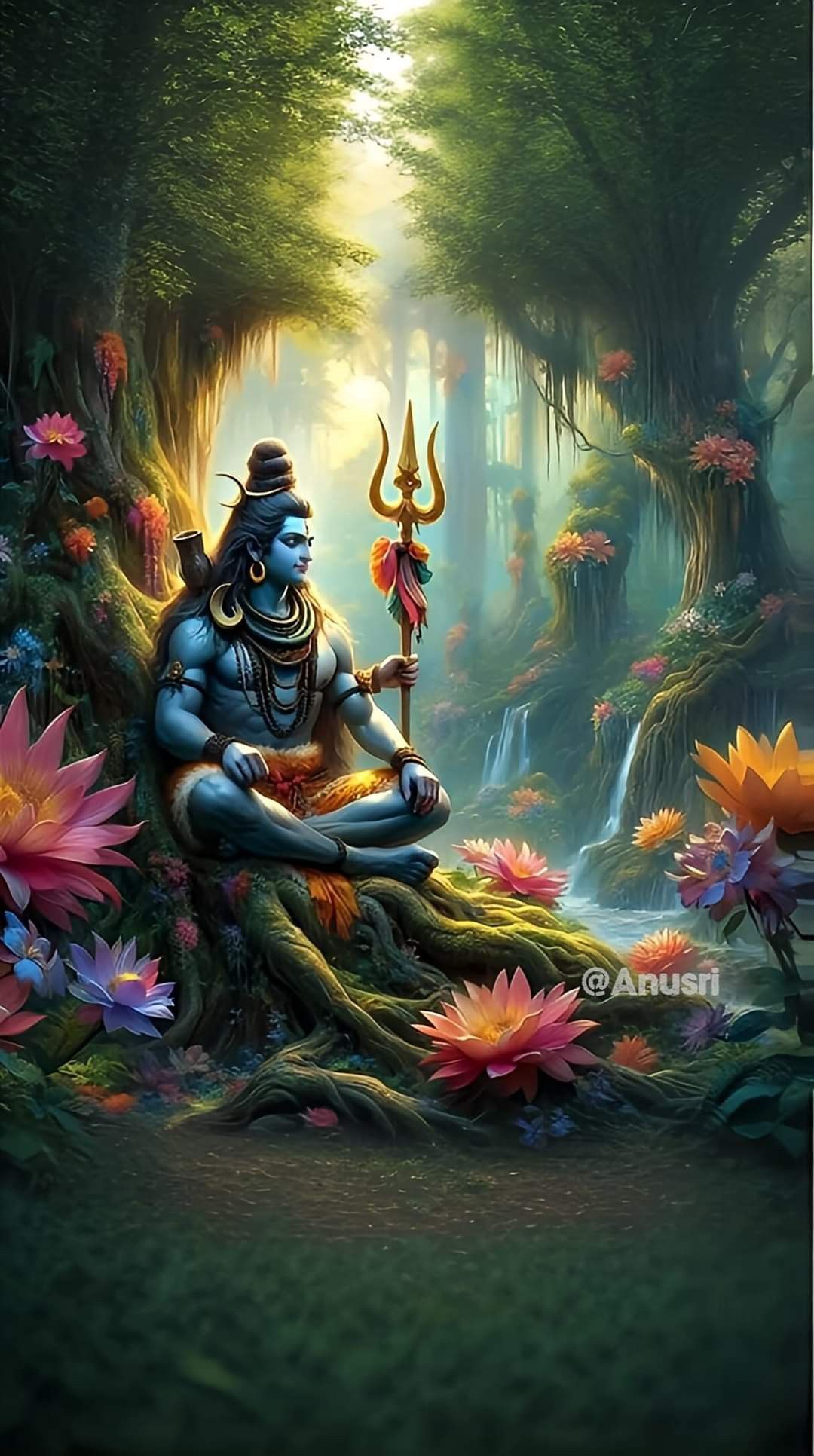 Lord Shiva meditating in forest setting