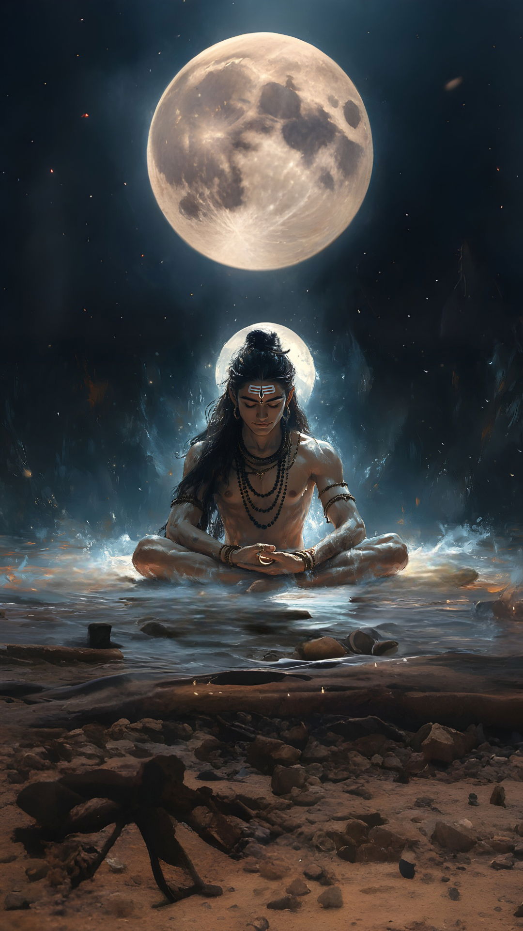 Shiva meditating under the full moon