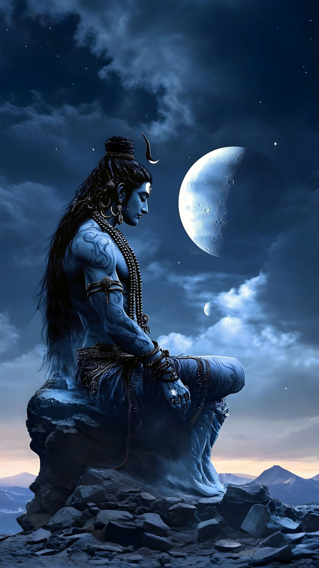 Meditating Shiva under the moonlight.