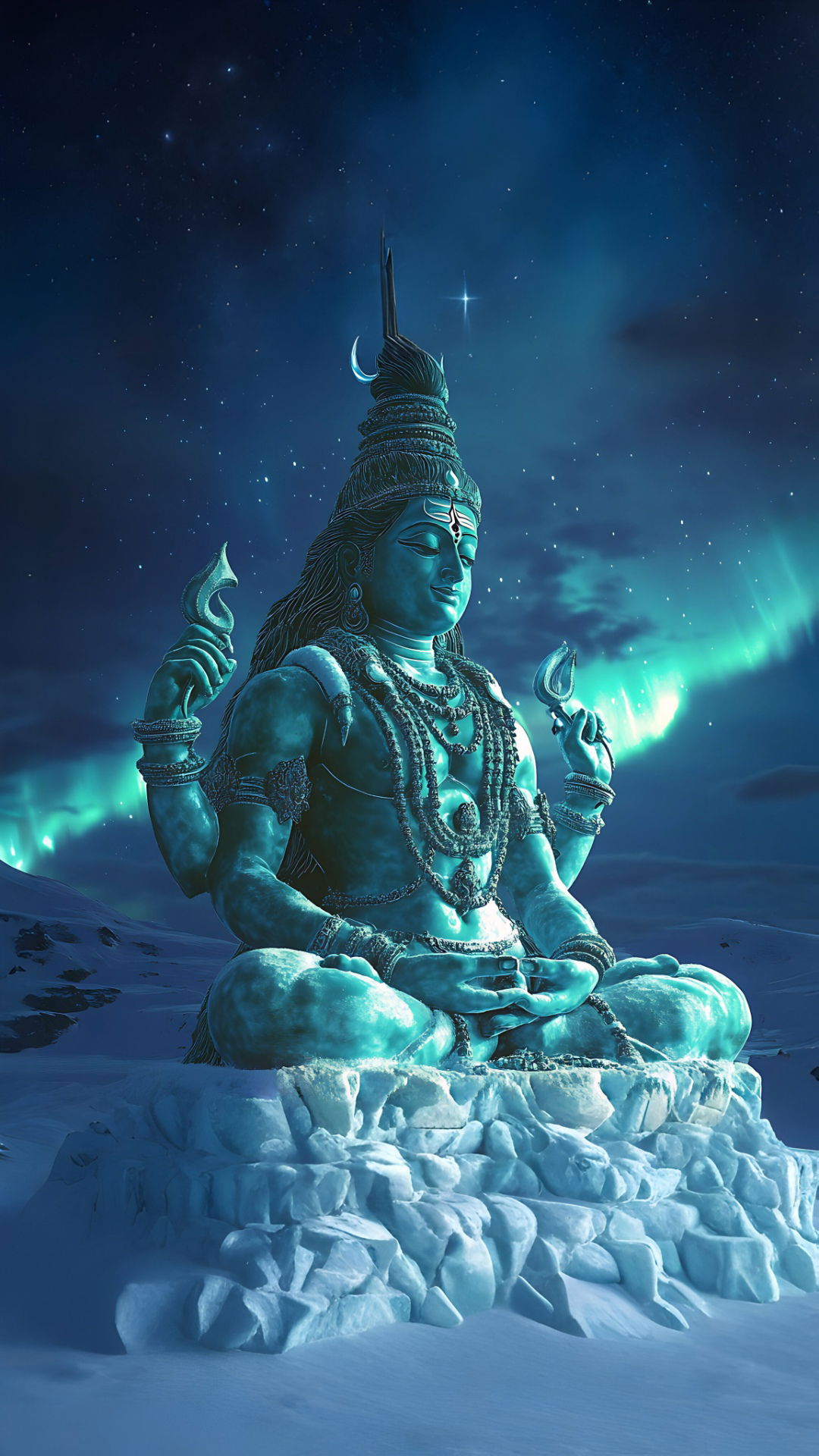Meditating Shiva amidst snowy mountains