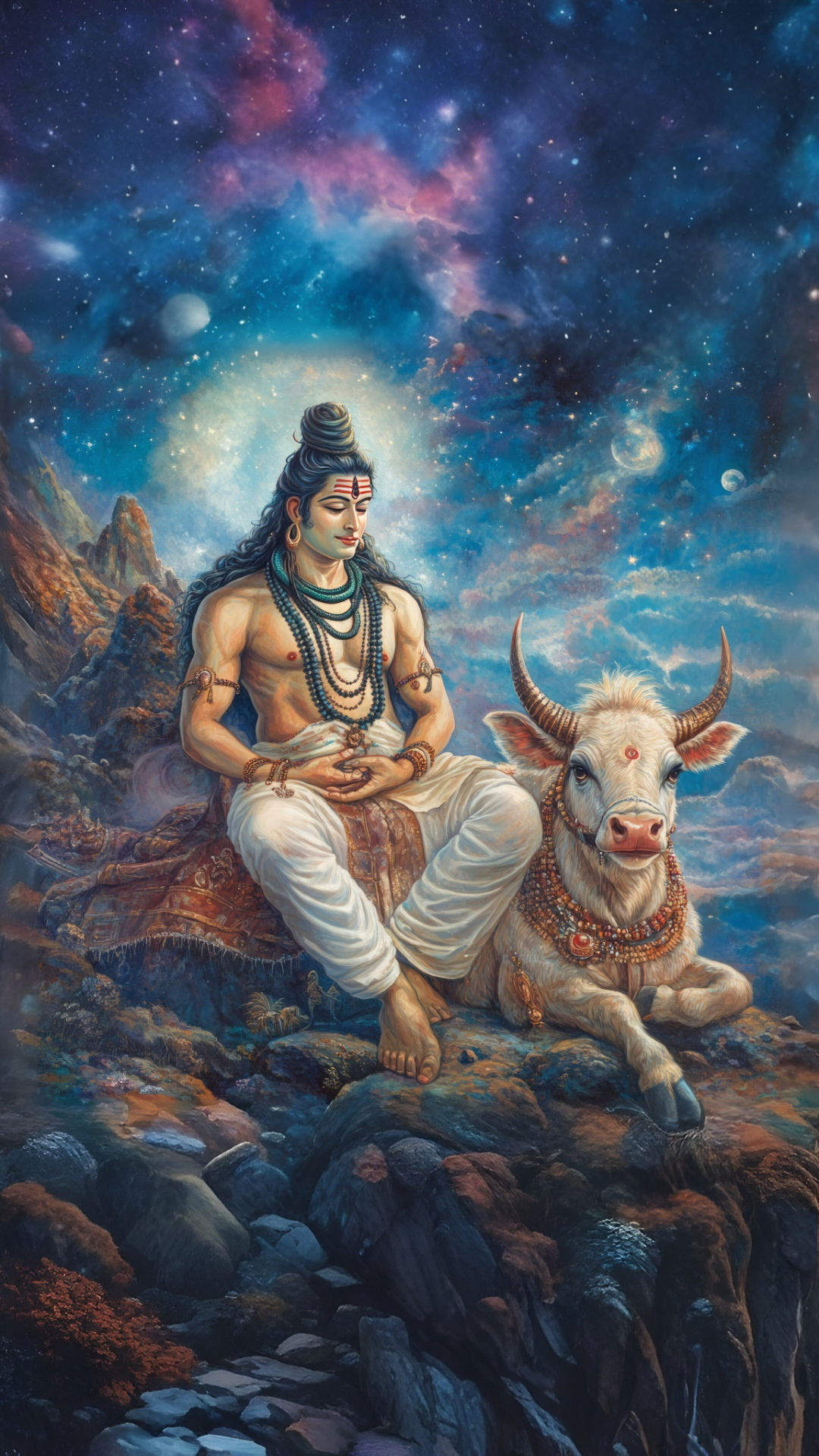 Shiva meditating with Nandi in cosmos