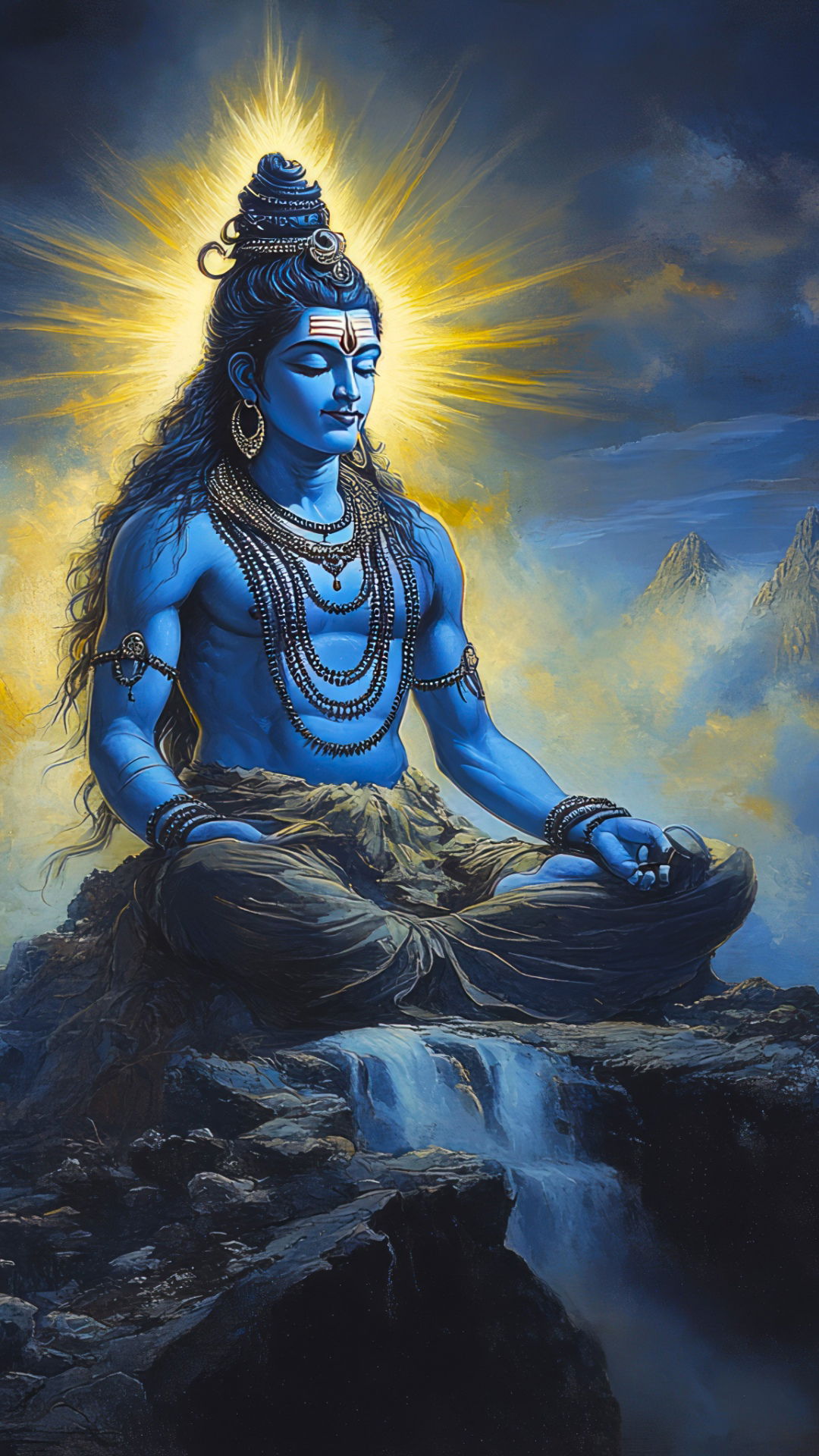 Meditating Shiva amongst mountains and waterfall