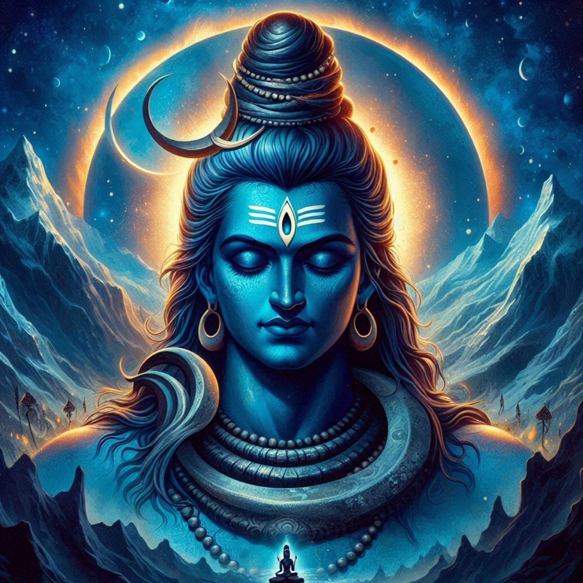Meditating Shiva amidst cosmic mountains