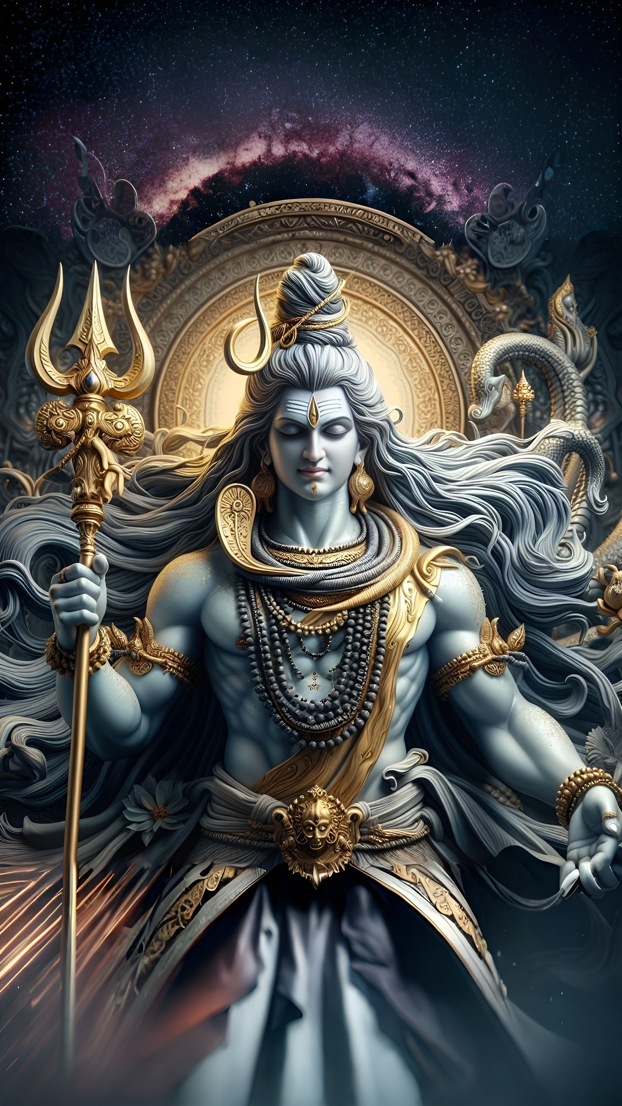 Lord Shiva with Trishul, cosmic background