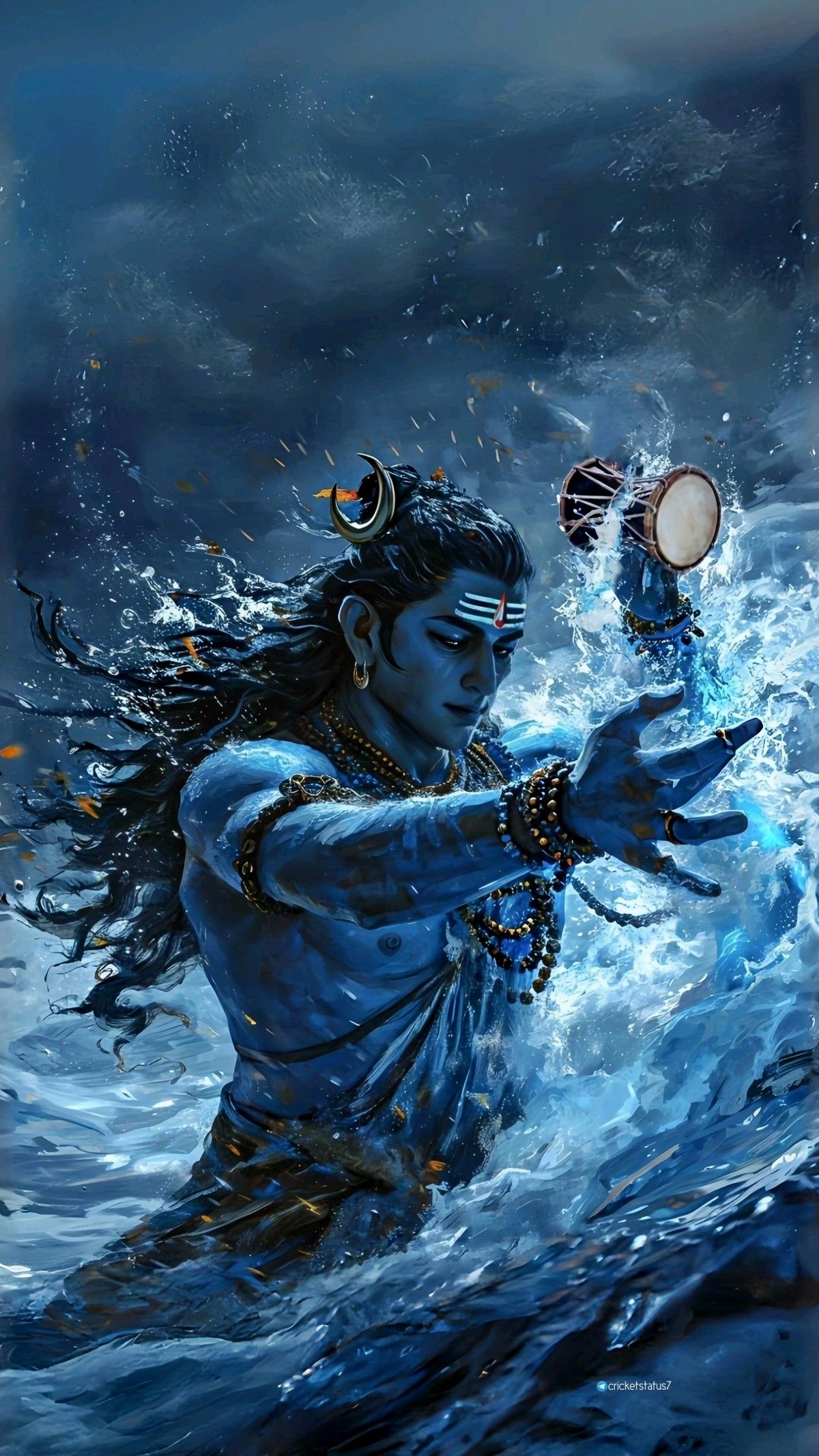 Shiva playing damru in cosmic waters