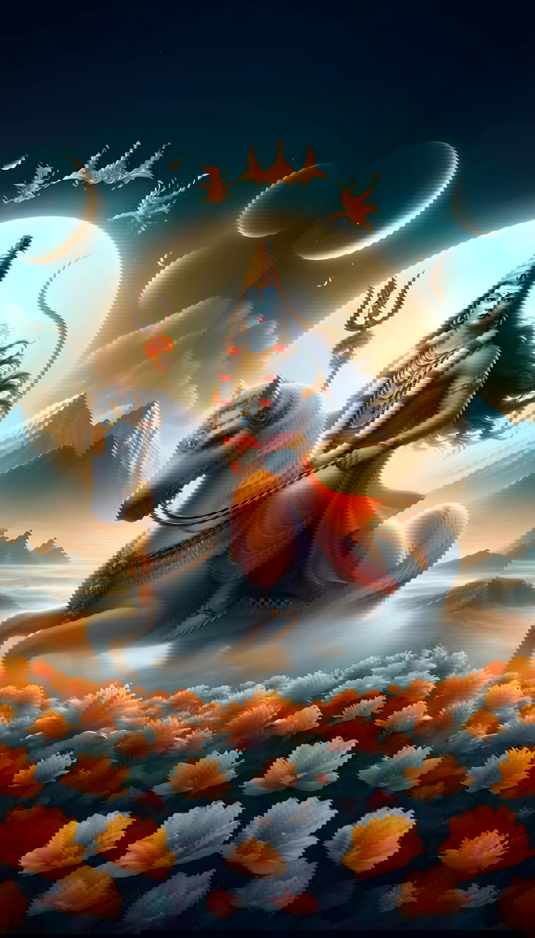 shiva riding white horse amidst lotuses