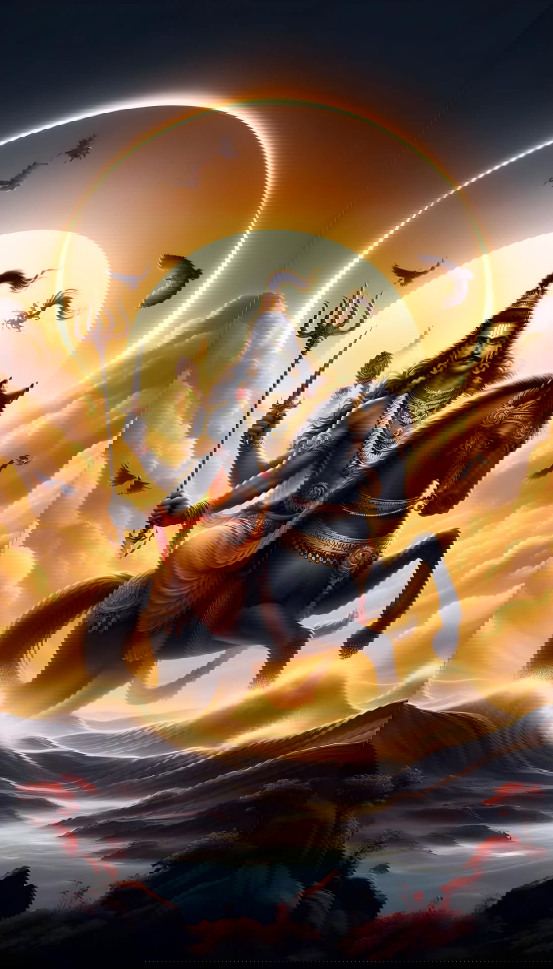 Shiva rides a horse across the cosmos