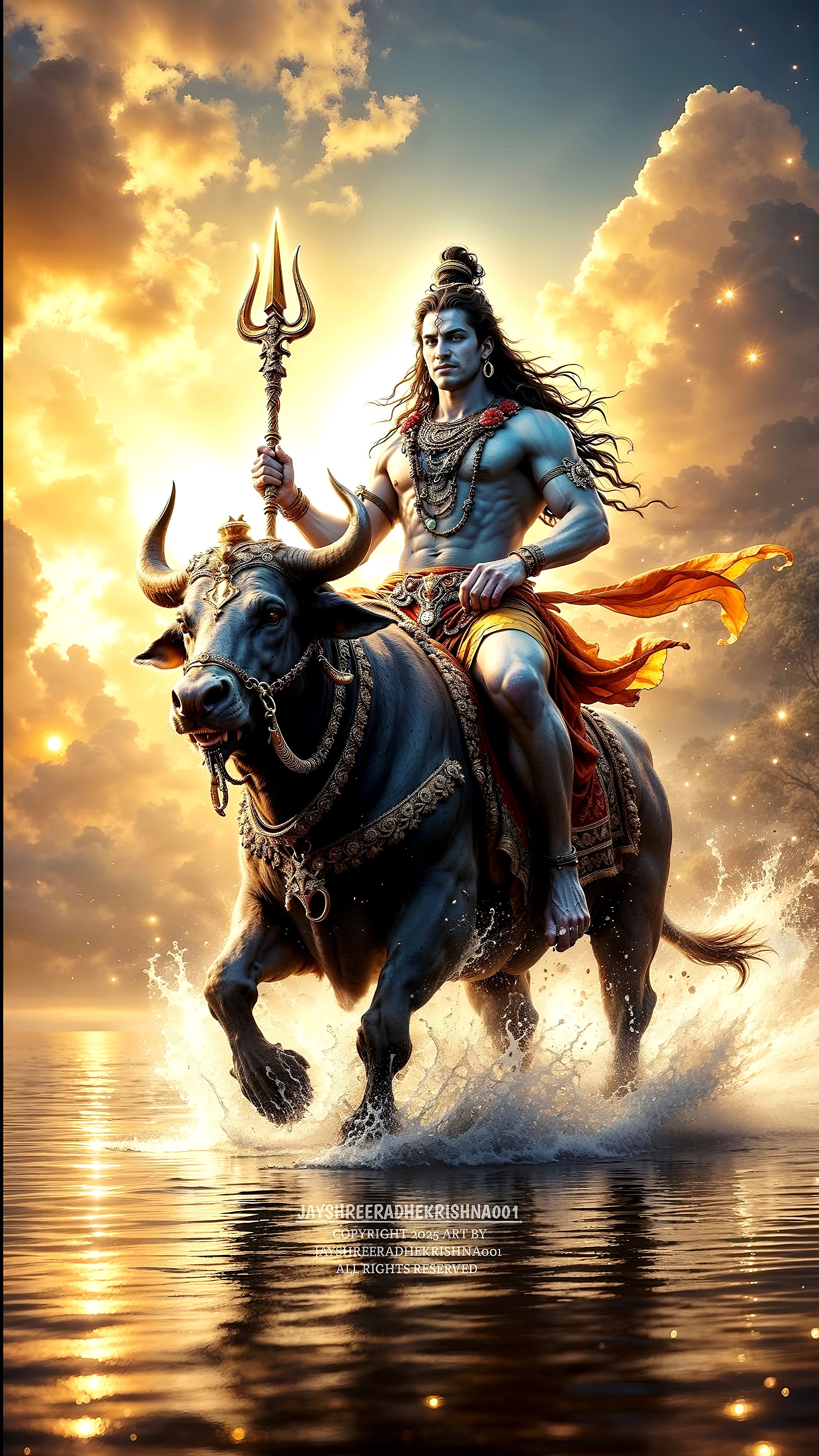 Lord Shiva rides Nandi bull powerfully.