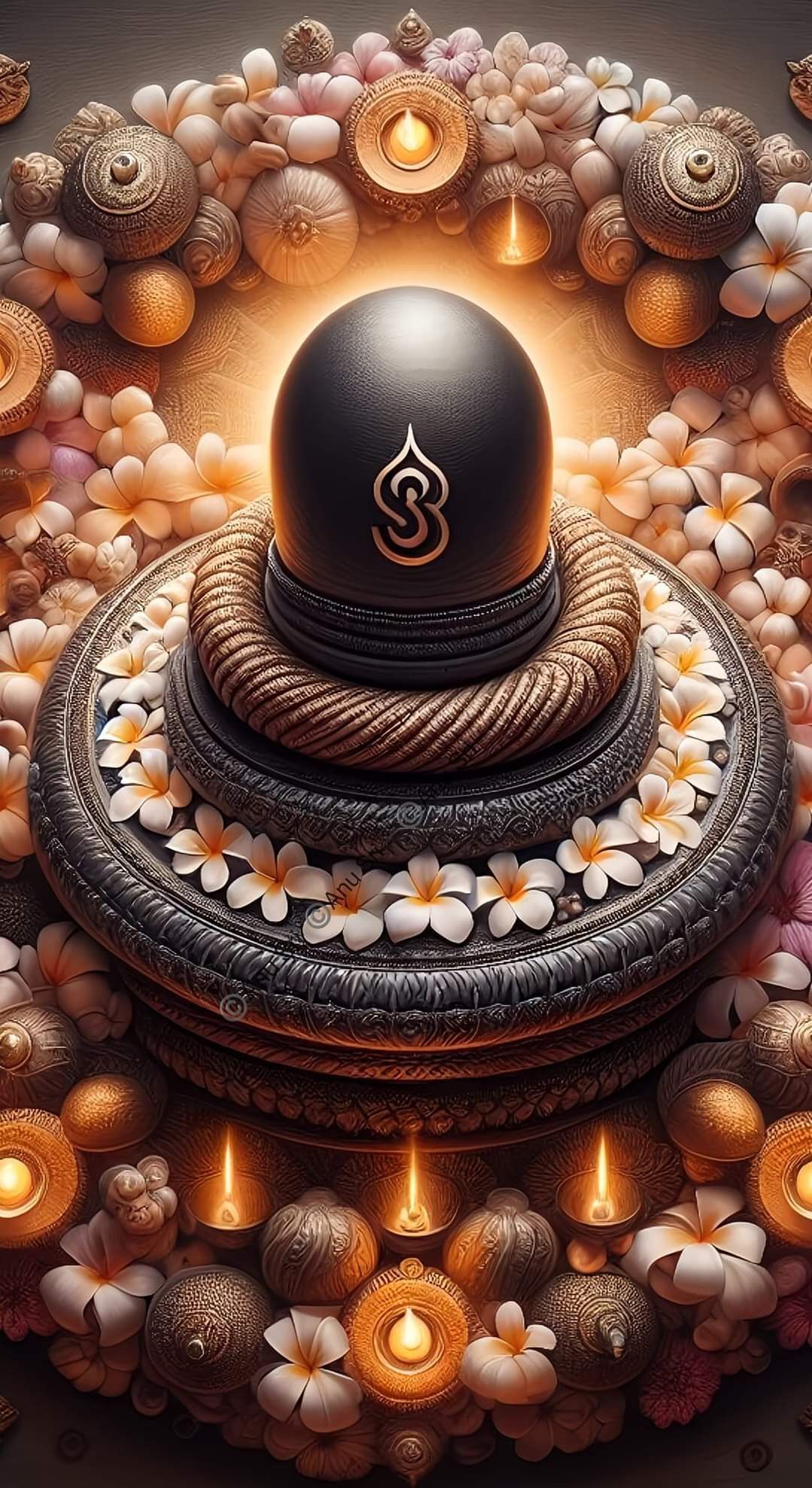 Shiva Linga surrounded by flowers and candles