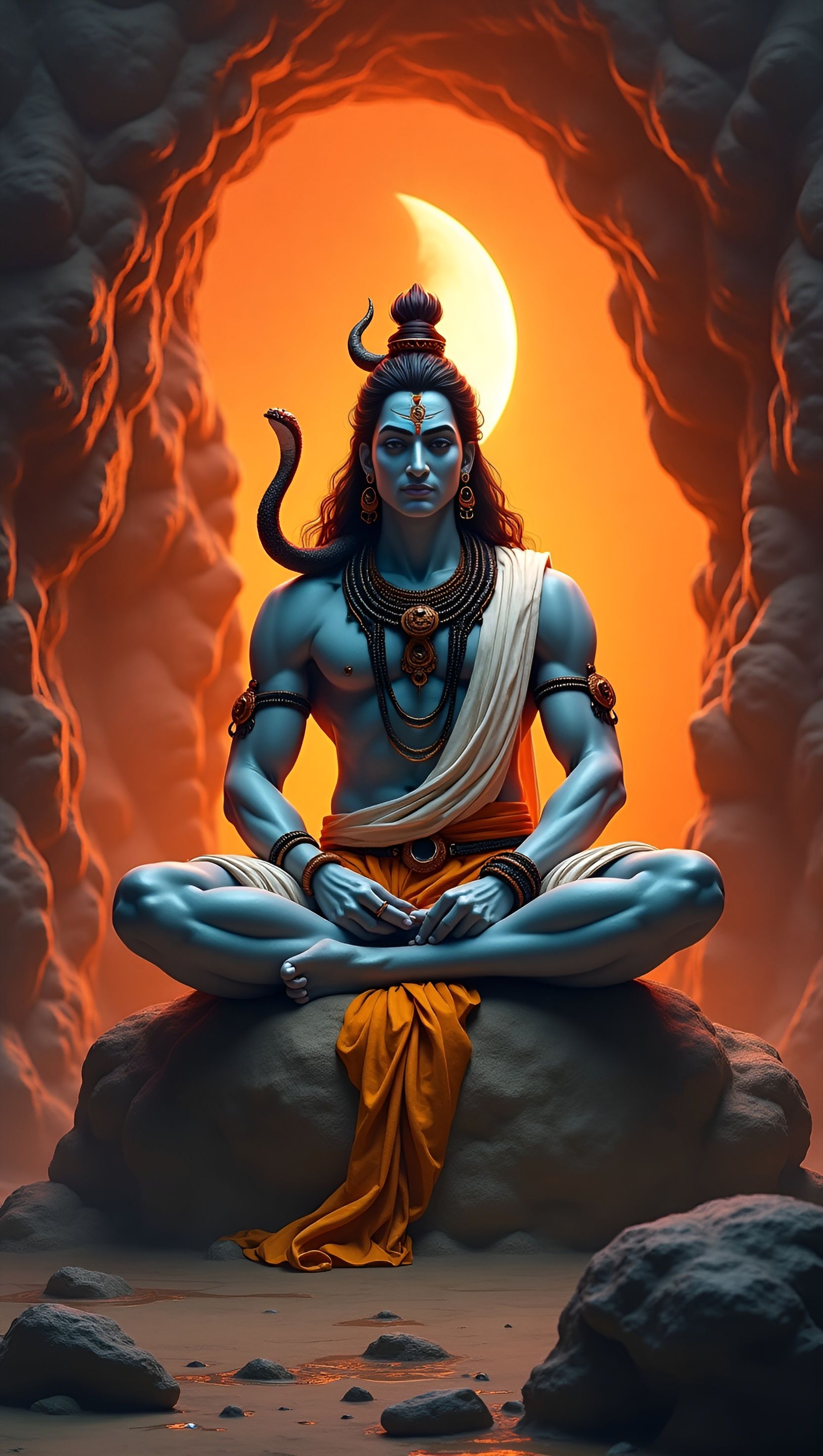 Meditating Shiva, crescent moon, divine energy