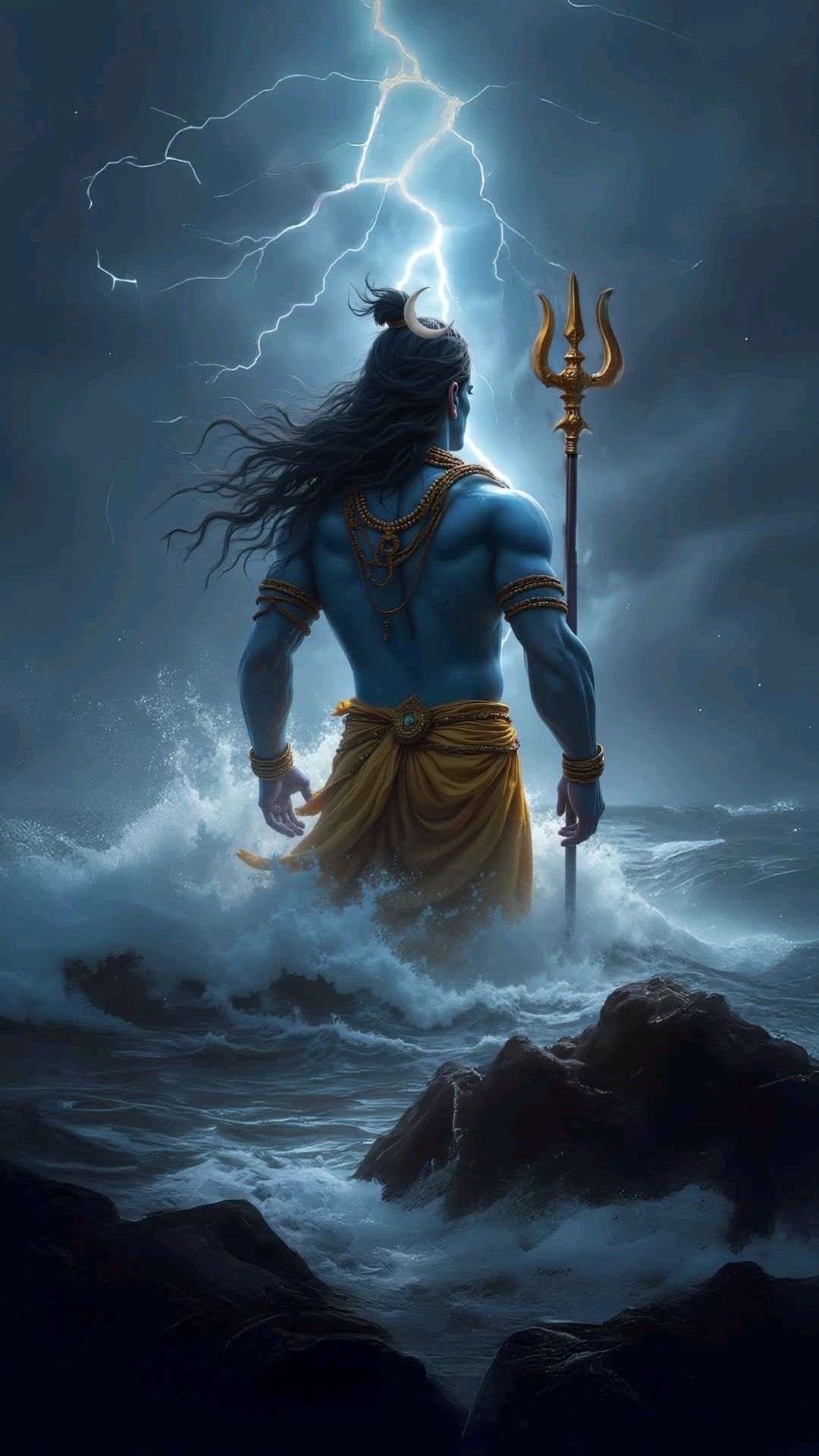 Lord Shiva emerges from stormy ocean.