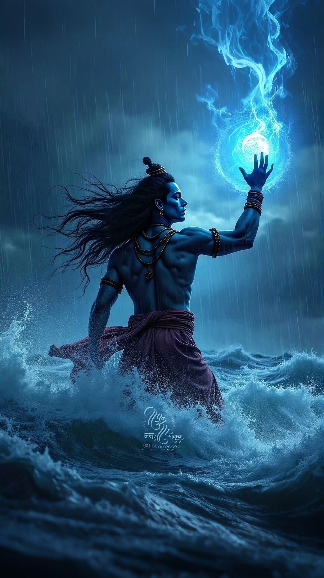 Powerful Shiva rising from stormy ocean