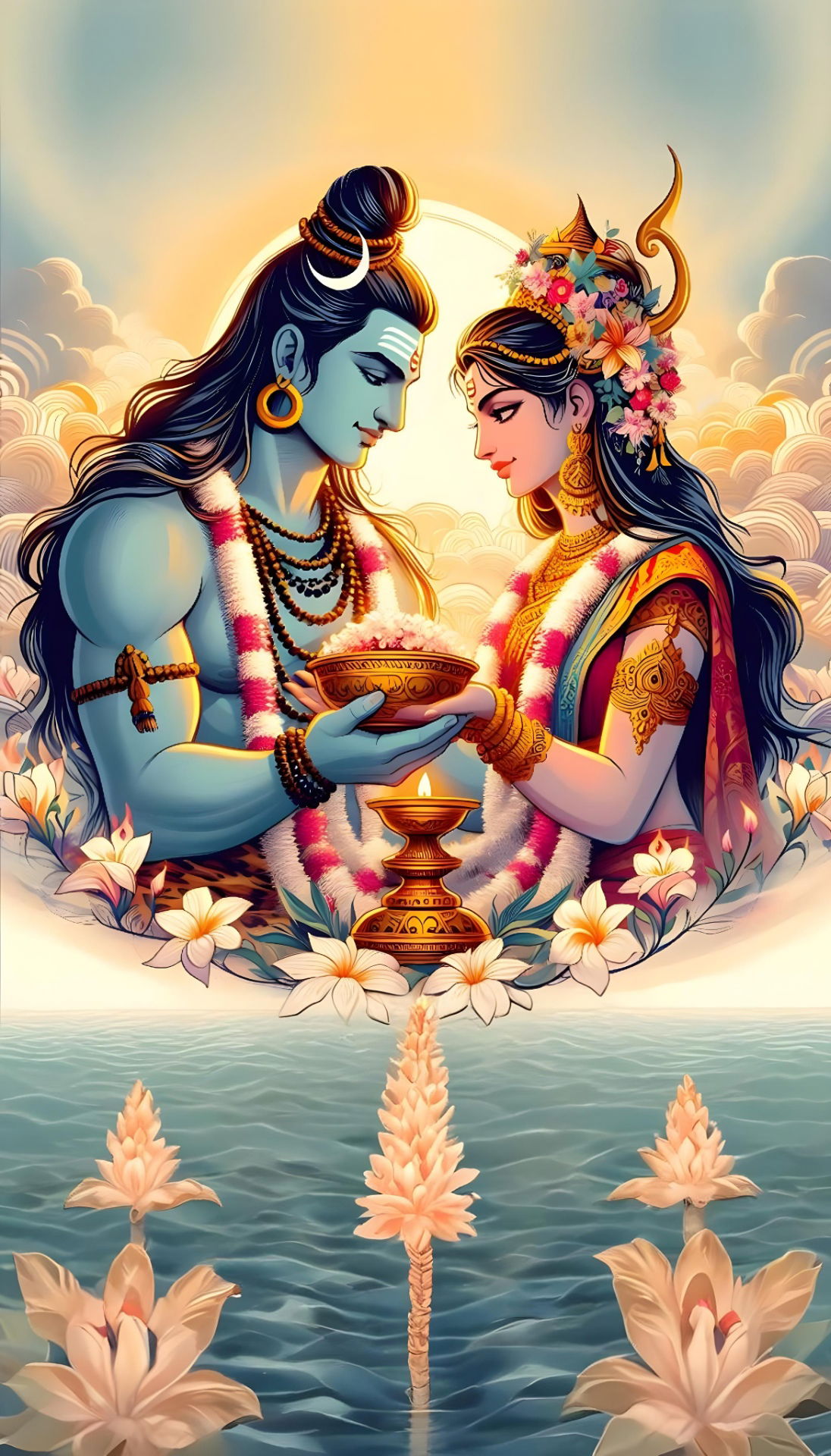 Shiva and Parvati sharing a sacred offering