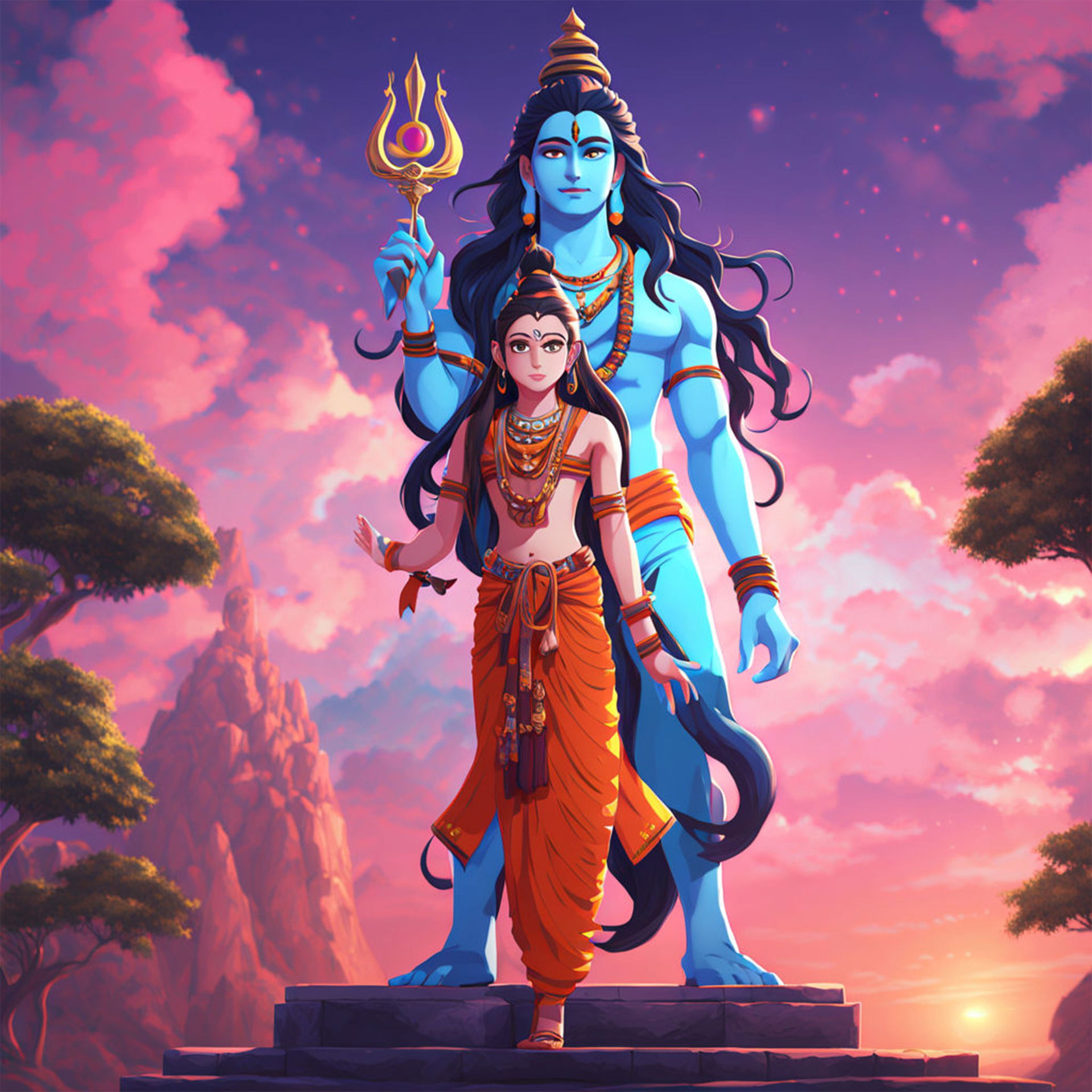 Shiva and Parvati amidst a vibrant sky