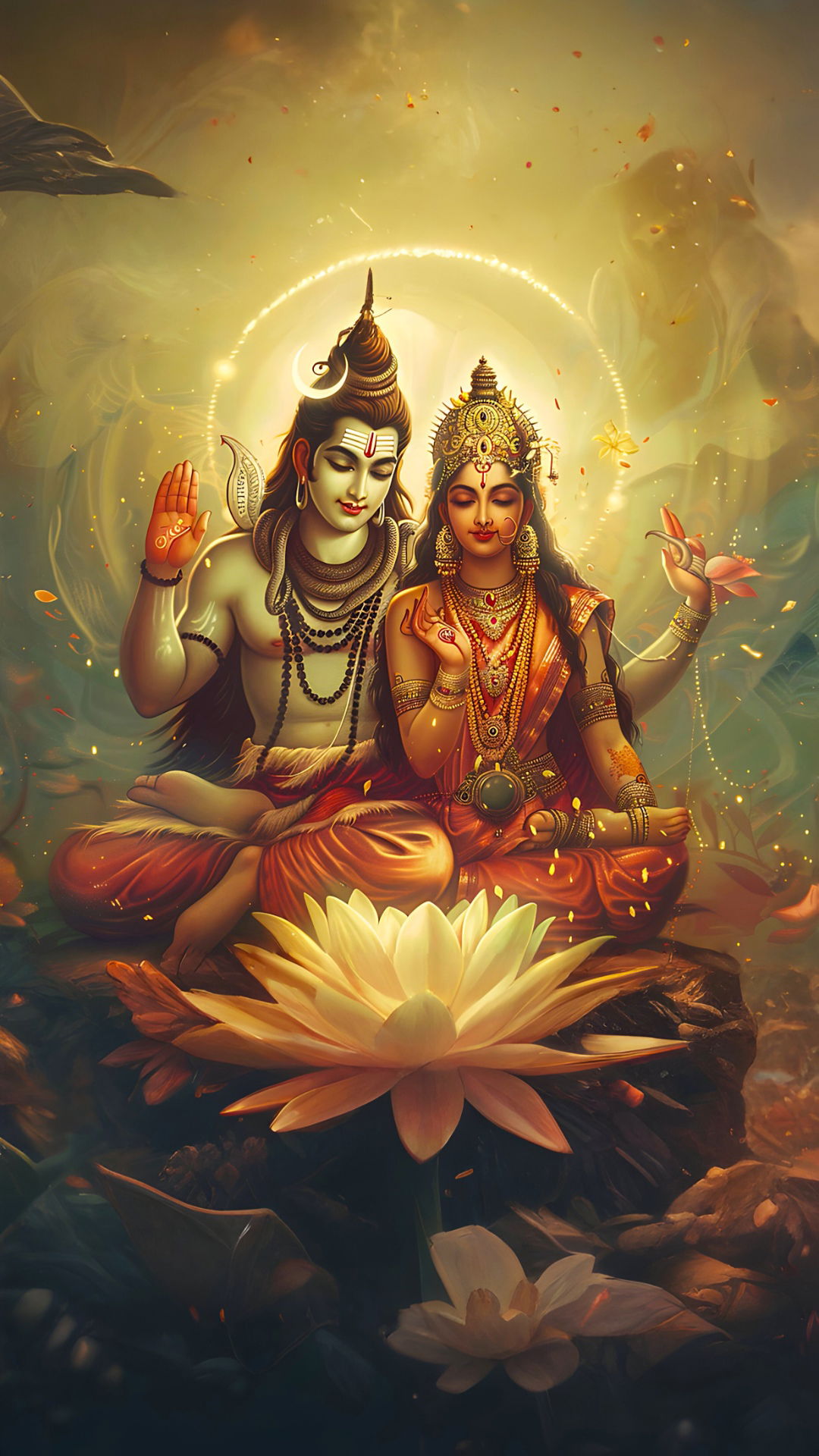 Shiva Parvati meditating on a lotus