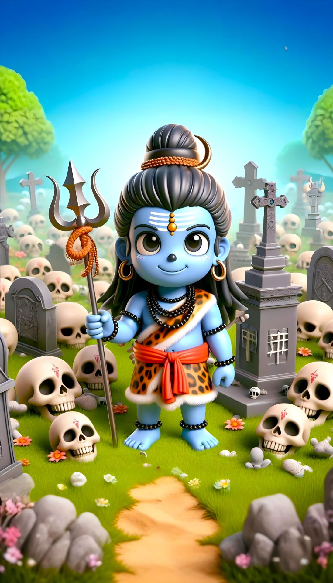 Cute Shiva with trident in graveyard