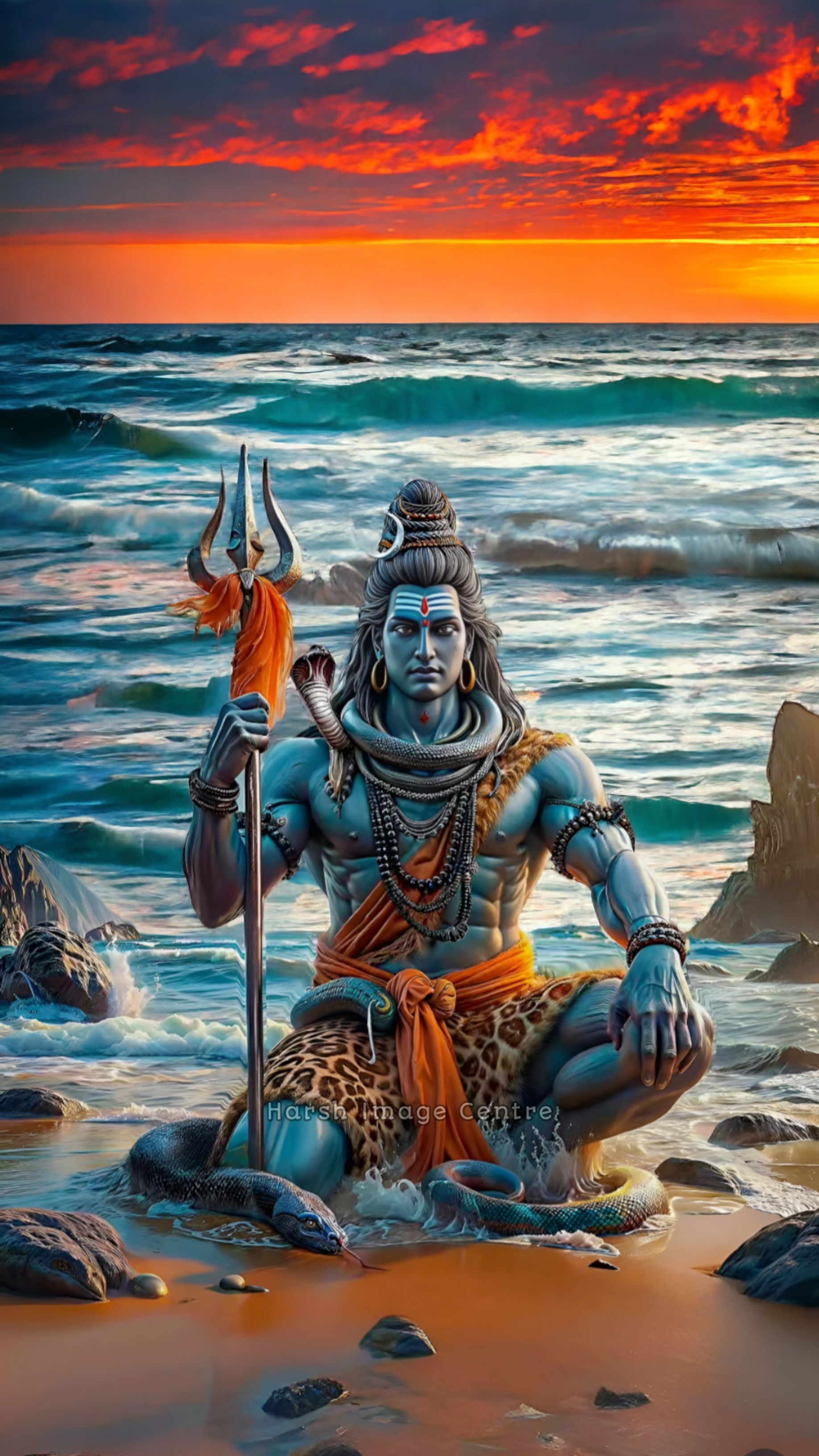Shiva meditating on a serene beach