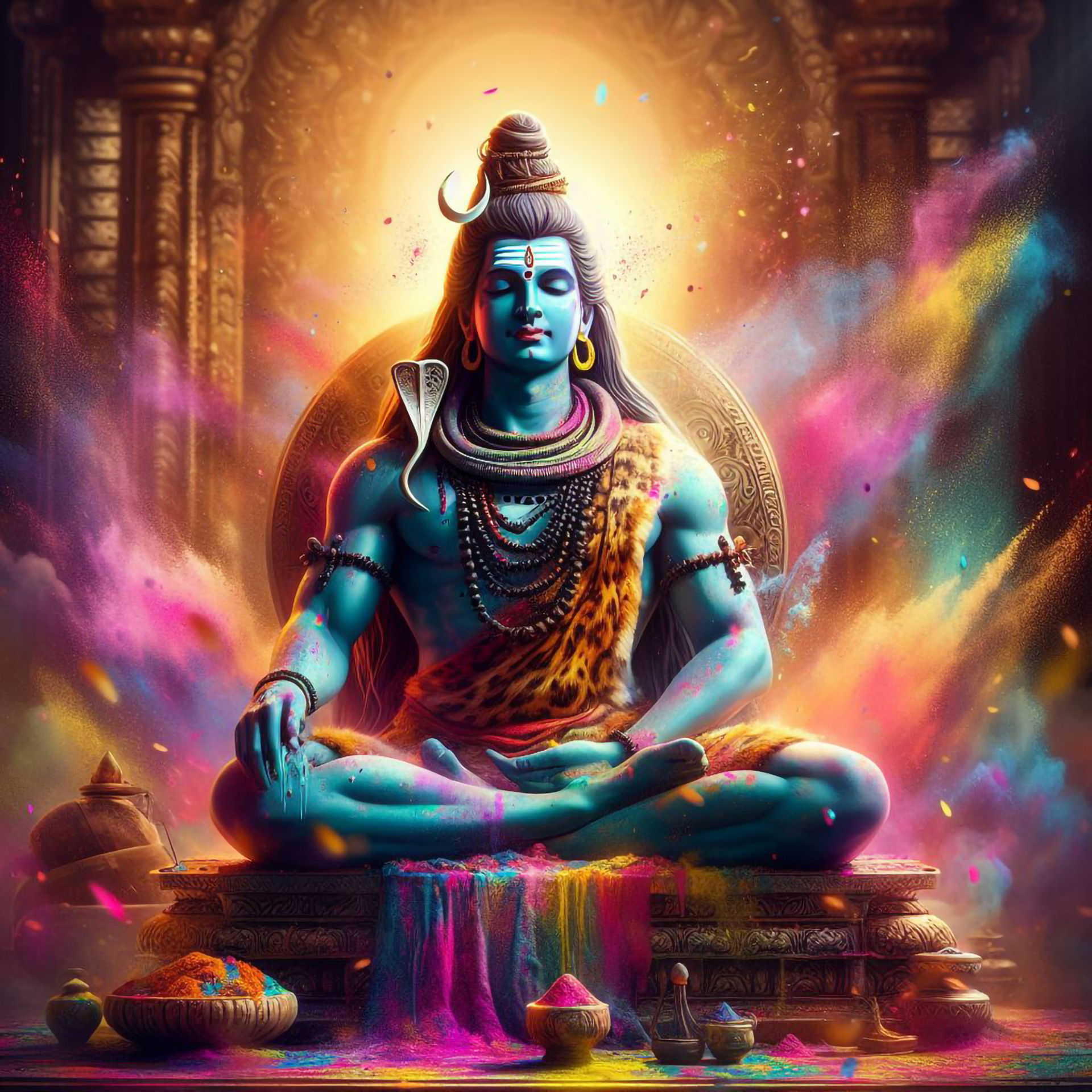 Meditating Shiva amidst colorful cosmic bloom