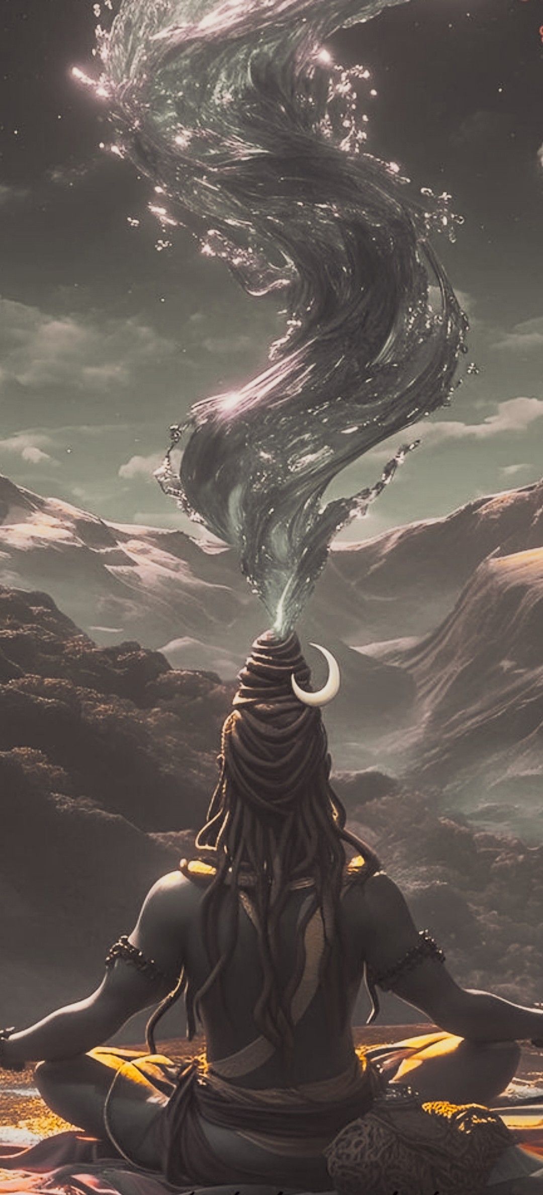 Shiva meditating with Ganga flowing hair