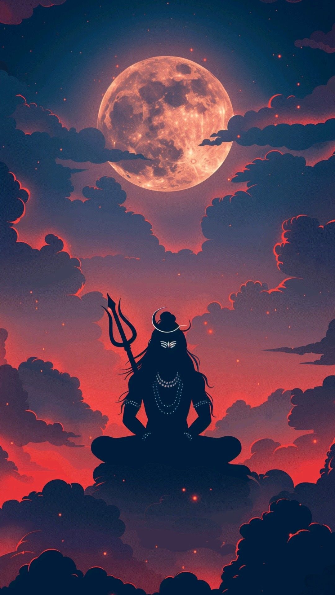 Meditating Shiva amidst celestial landscape