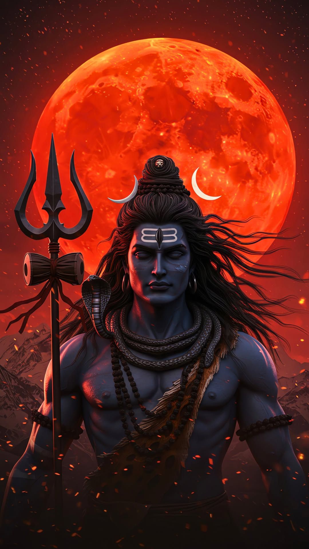Powerful Shiva portrait with red moon.